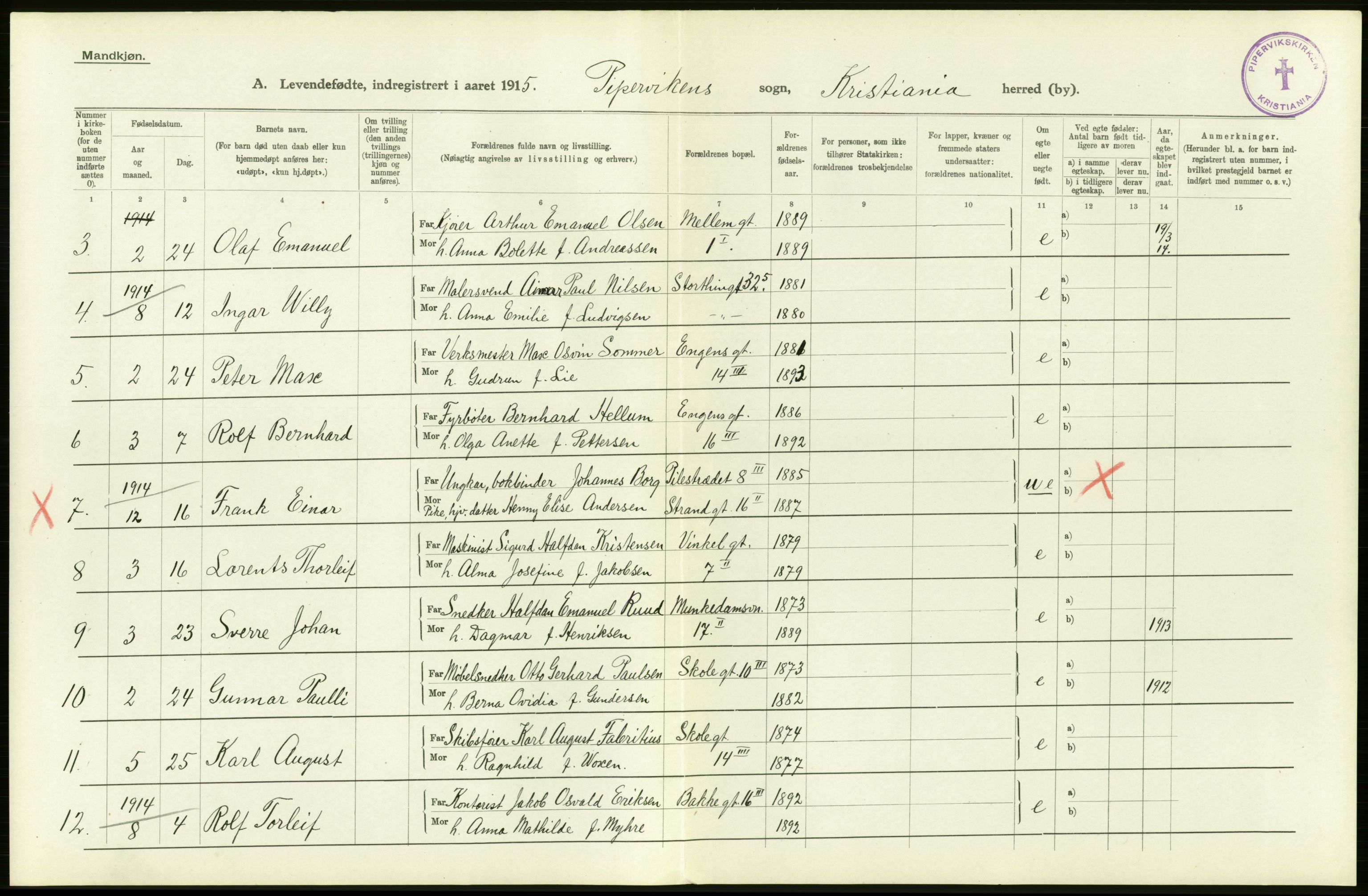 Statistisk sentralbyrå, Sosiodemografiske emner, Befolkning, AV/RA-S-2228/D/Df/Dfb/Dfbe/L0006: Kristiania: Levendefødte menn og kvinner., 1915, p. 300