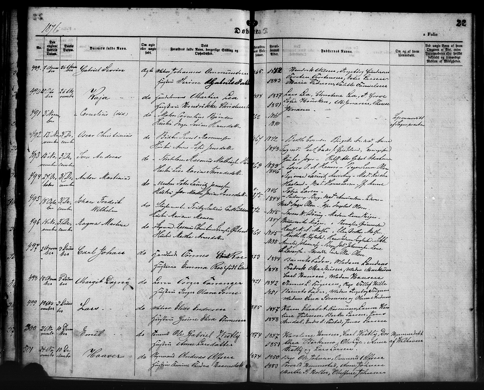 St. Petri sokneprestkontor, AV/SAST-A-101813/001/30/30BA/L0014: Parish register (official) no. A 14, 1876-1879, p. 22