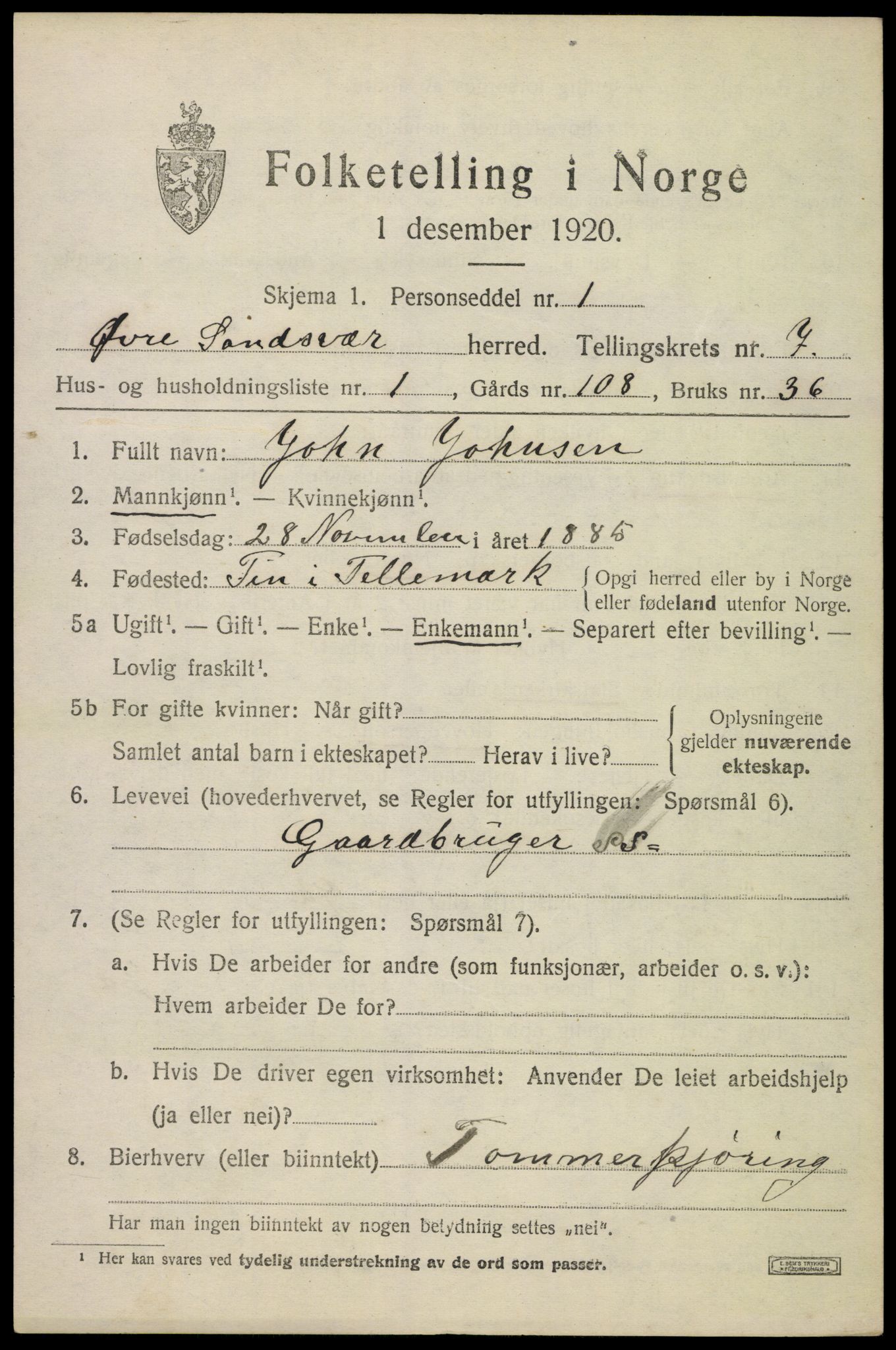 SAKO, 1920 census for Øvre Sandsvær, 1920, p. 3744