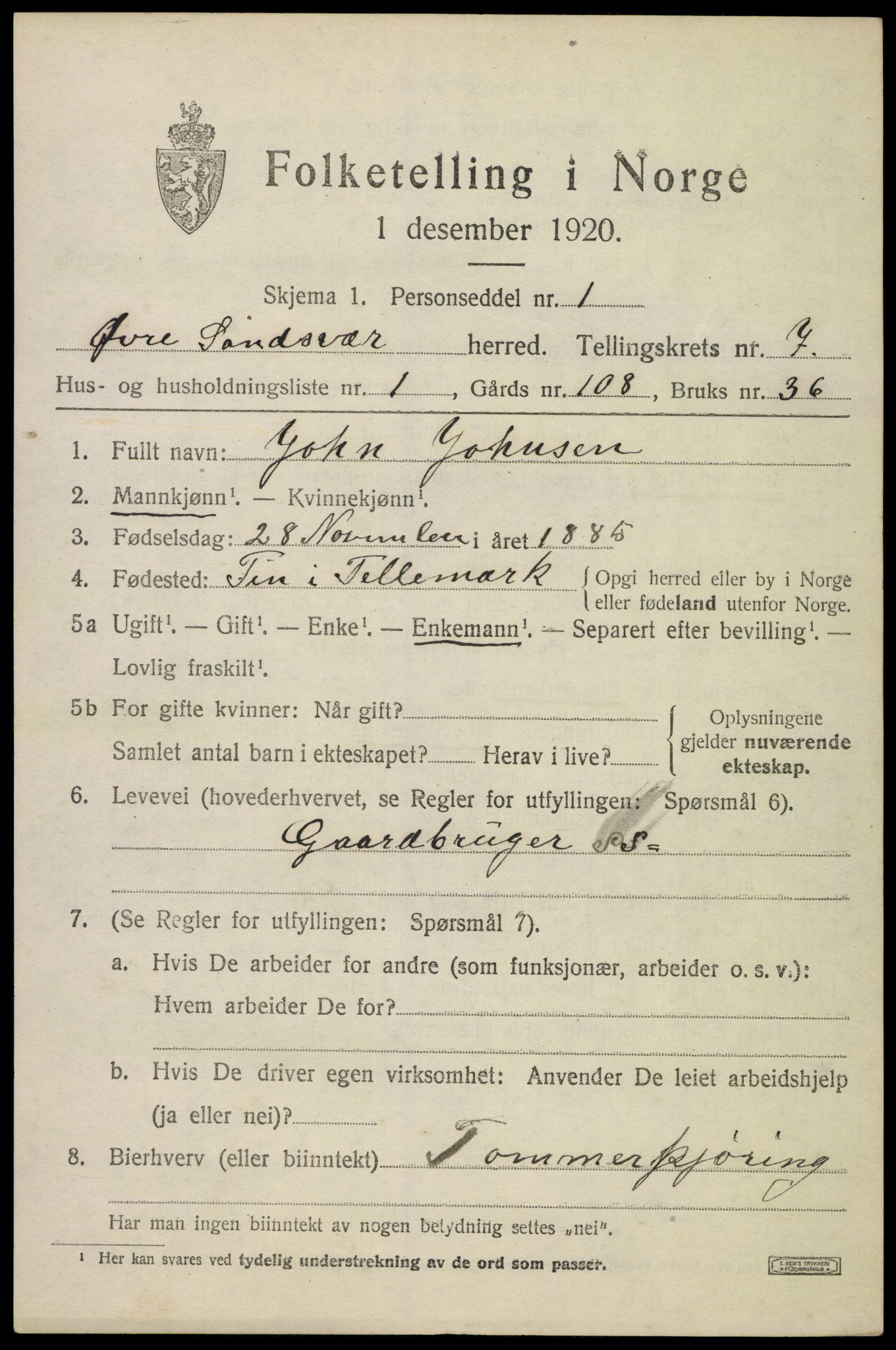 SAKO, 1920 census for Øvre Sandsvær, 1920, p. 3744