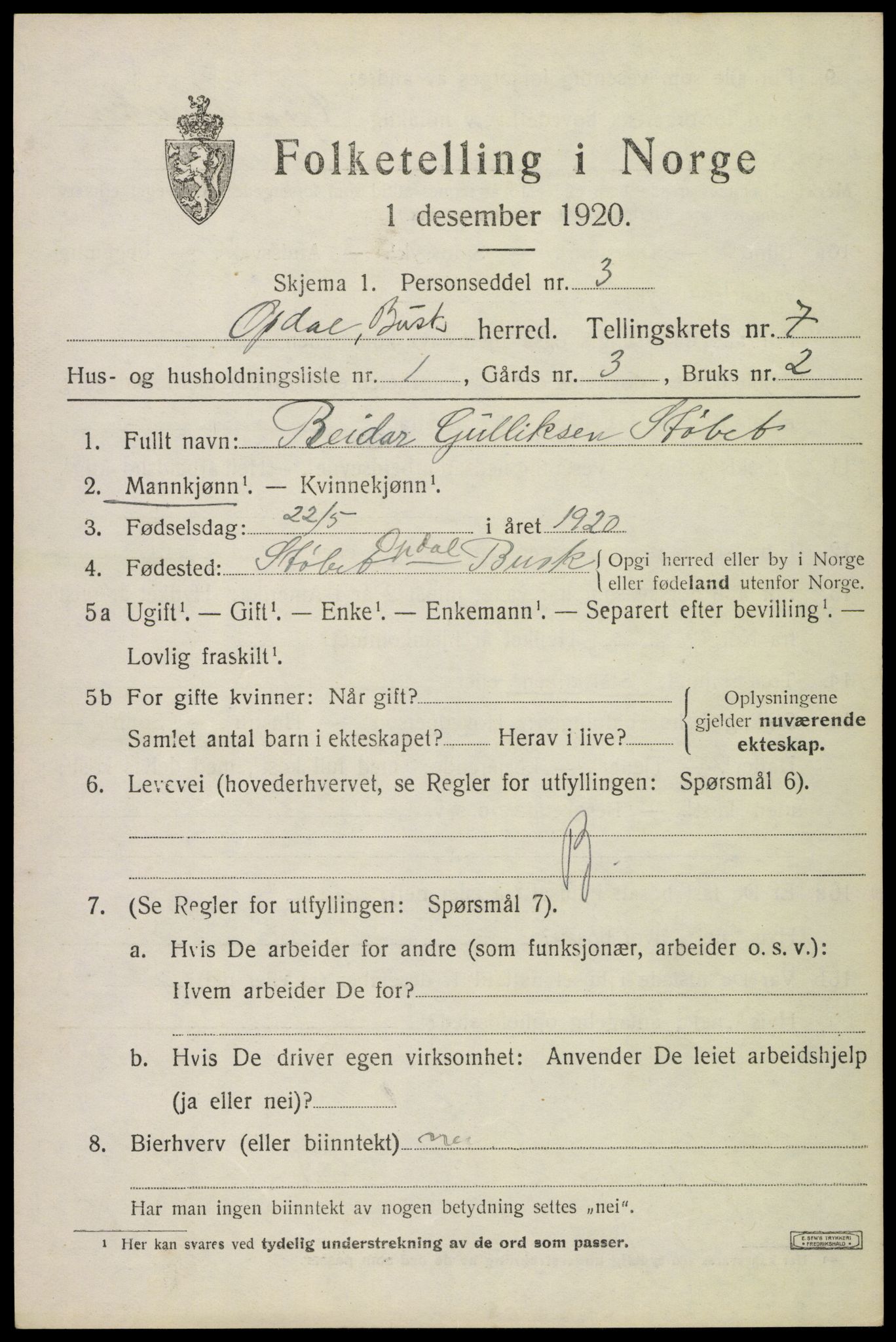 SAKO, 1920 census for Uvdal, 1920, p. 2743