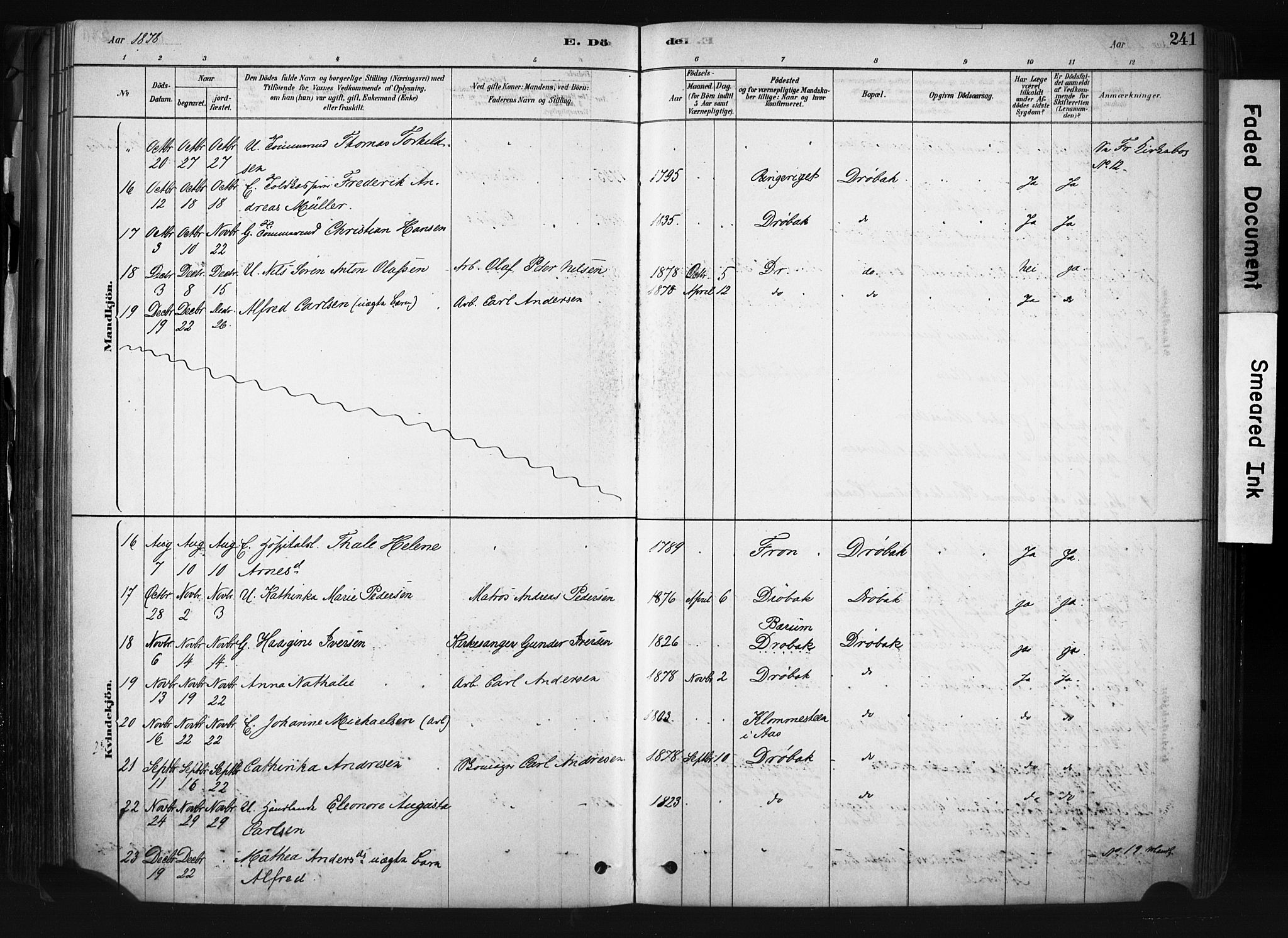 Drøbak prestekontor Kirkebøker, AV/SAO-A-10142a/F/Fb/L0001: Parish register (official) no. II 1, 1878-1891, p. 241