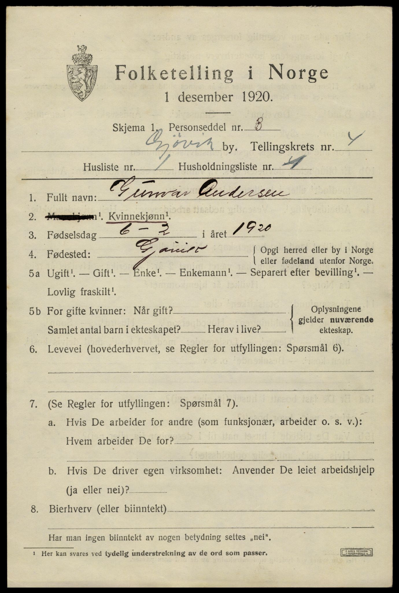 SAH, 1920 census for Gjøvik, 1920, p. 7832