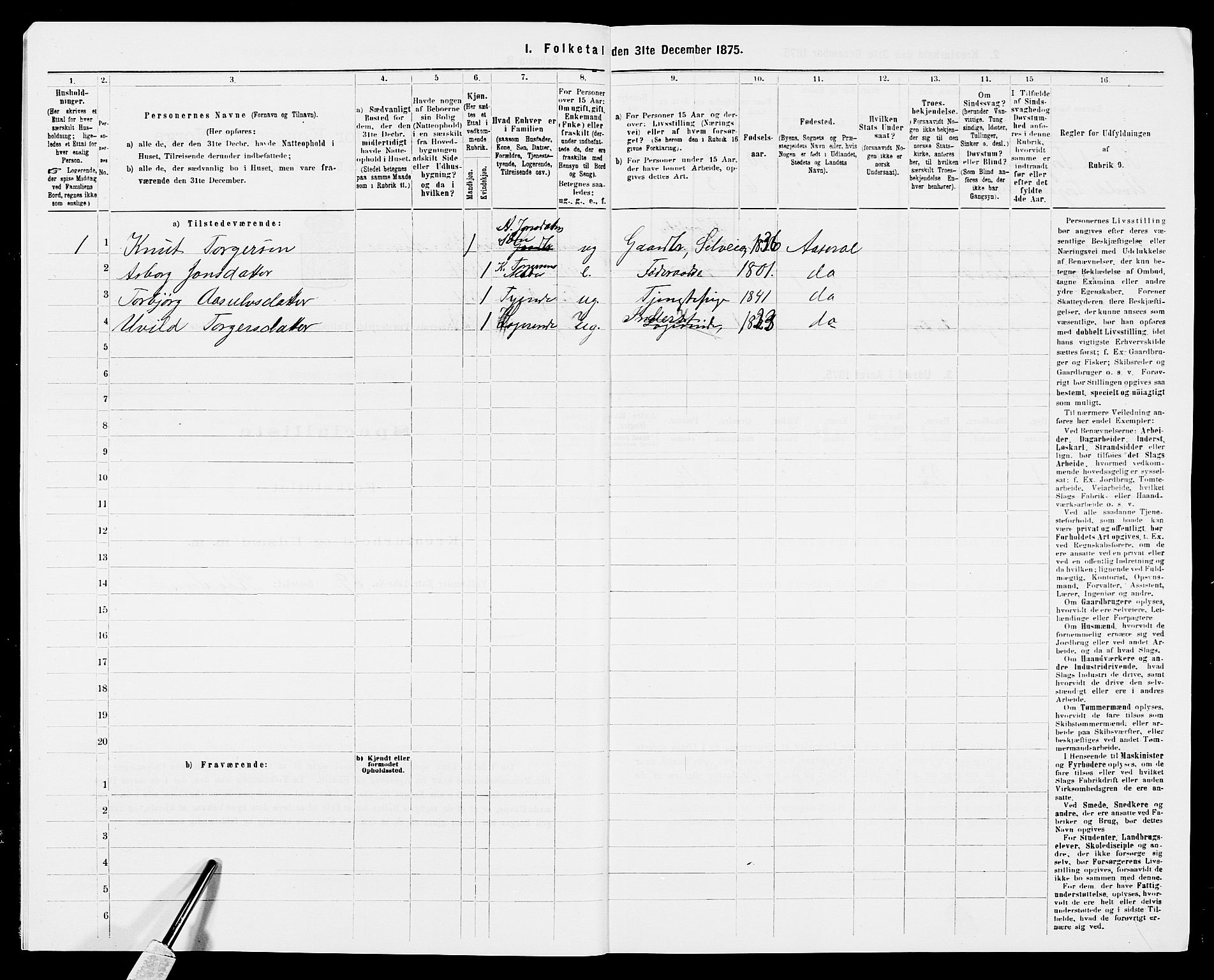 SAK, 1875 census for 0980P Åseral, 1875, p. 35