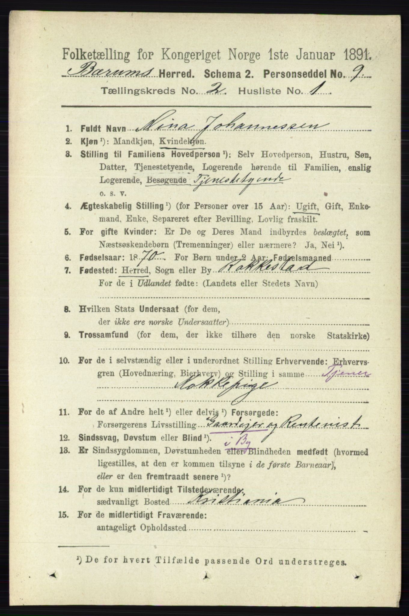 RA, 1891 census for 0219 Bærum, 1891, p. 1081