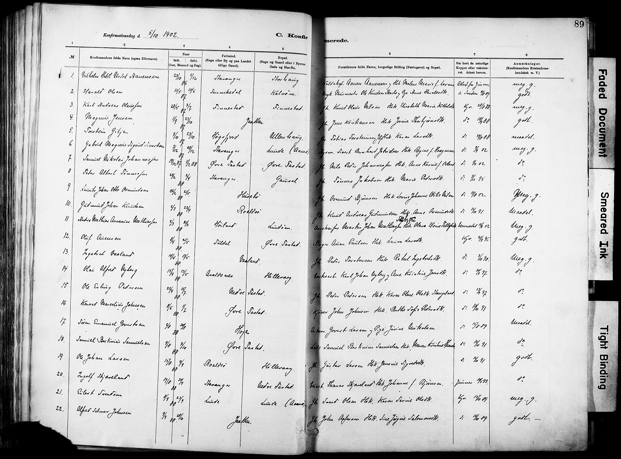 Hetland sokneprestkontor, SAST/A-101826/30/30BA/L0012: Parish register (official) no. A 12, 1882-1912, p. 89