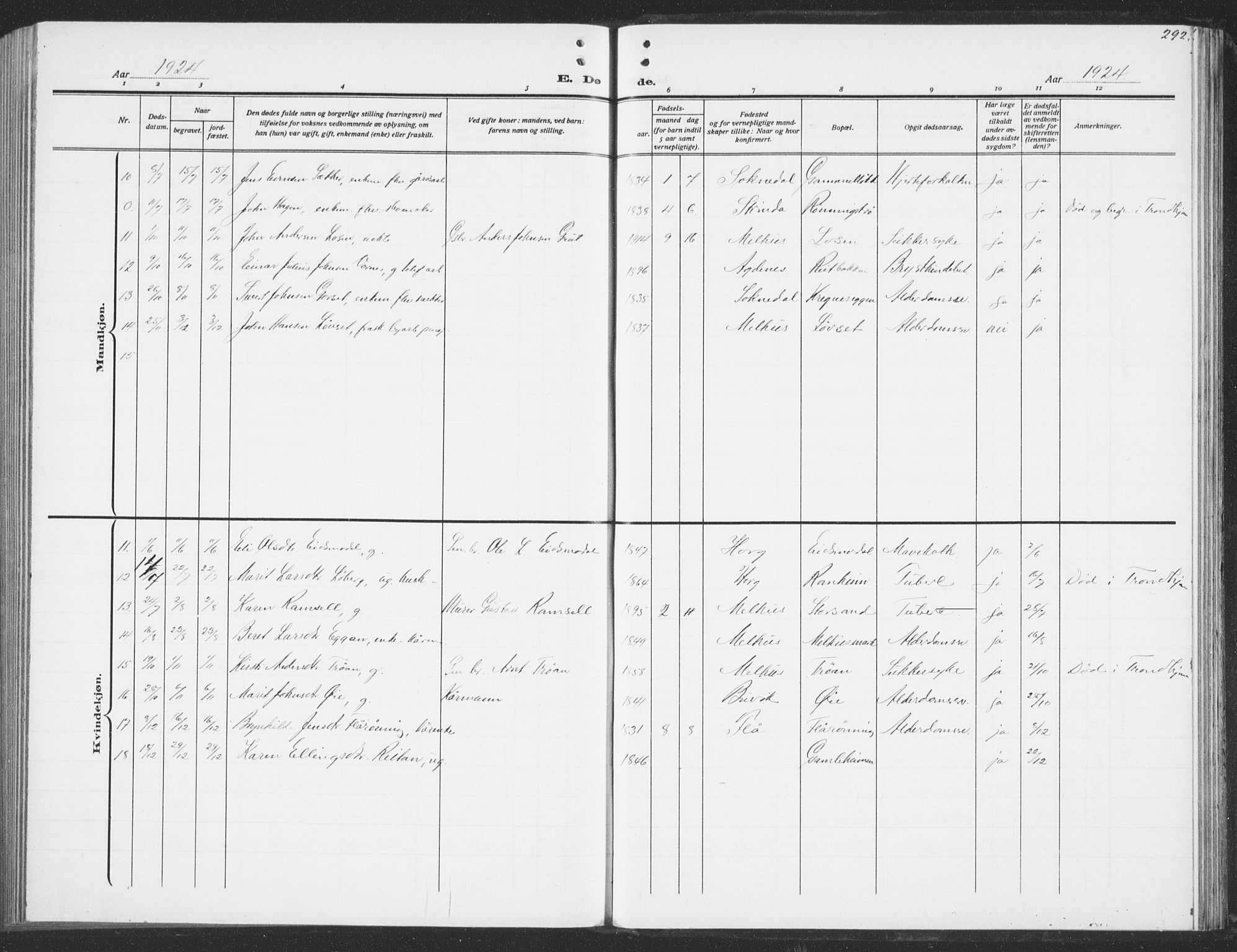 Ministerialprotokoller, klokkerbøker og fødselsregistre - Sør-Trøndelag, SAT/A-1456/691/L1095: Parish register (copy) no. 691C06, 1912-1933, p. 292