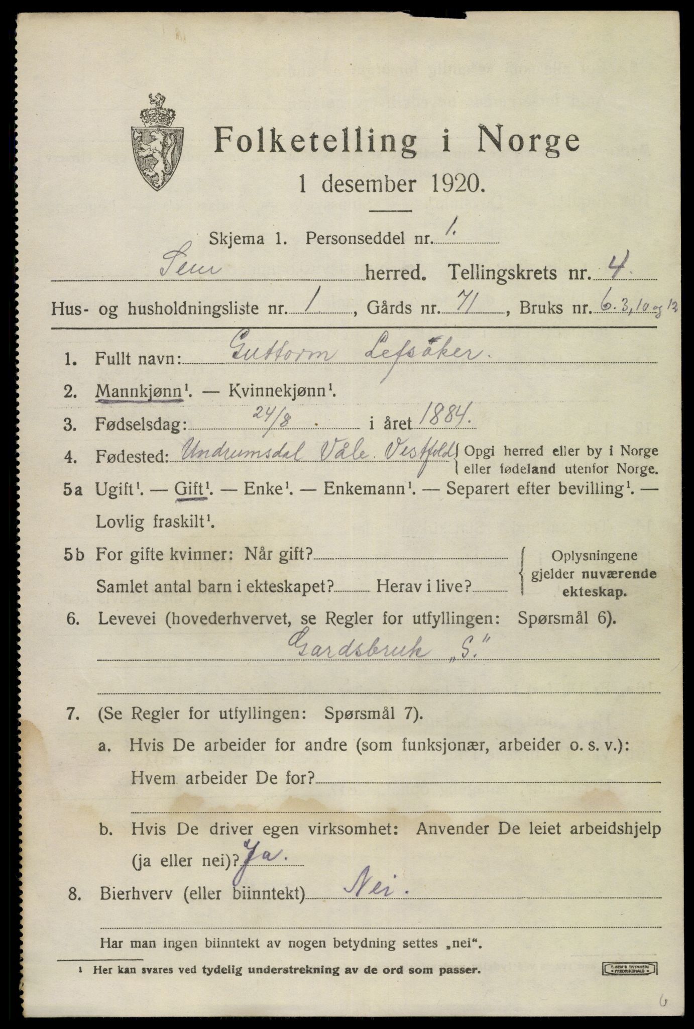 SAKO, 1920 census for Sem, 1920, p. 7071