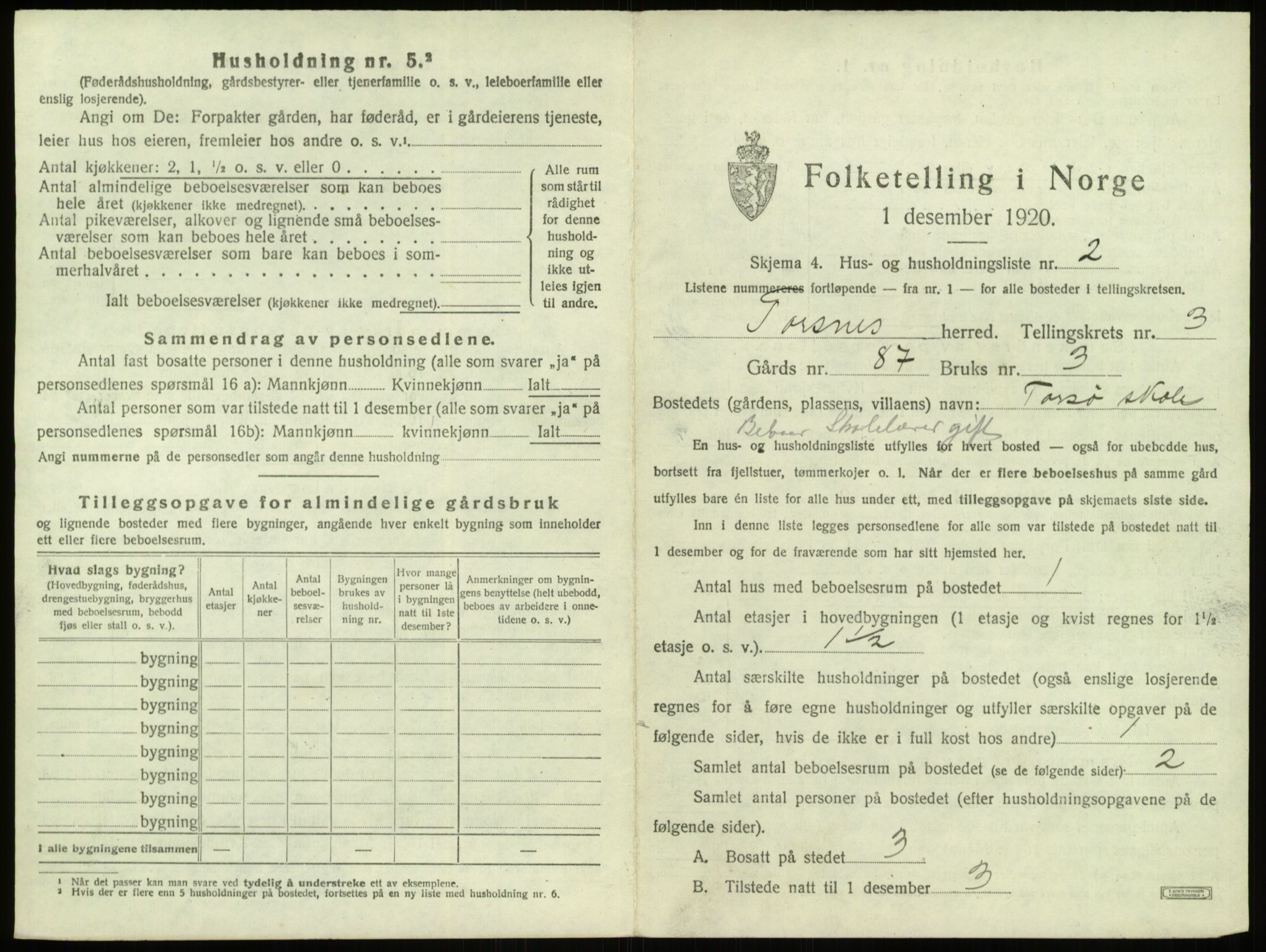 SAO, 1920 census for Torsnes, 1920, p. 397