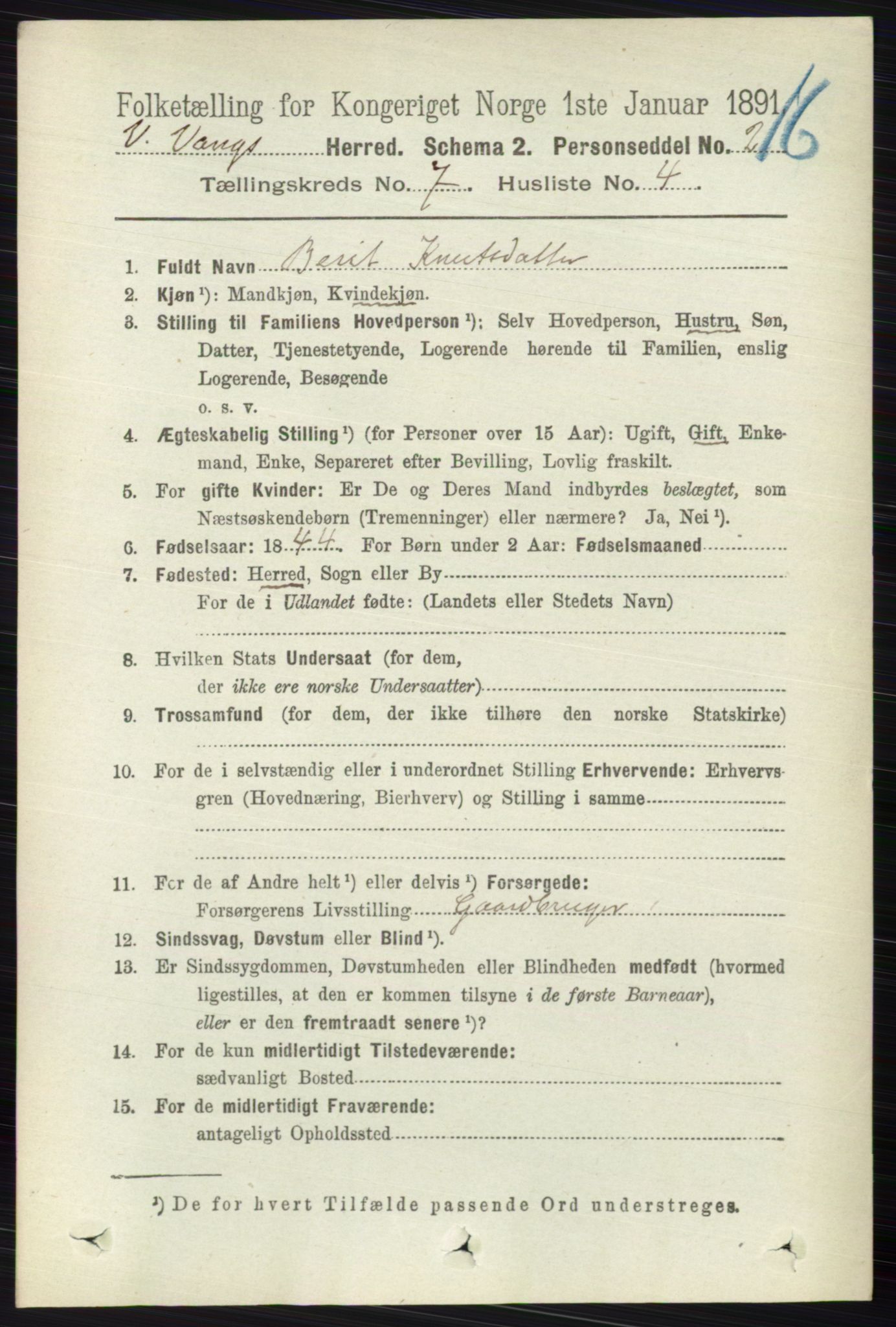 RA, 1891 census for 0545 Vang, 1891, p. 1440