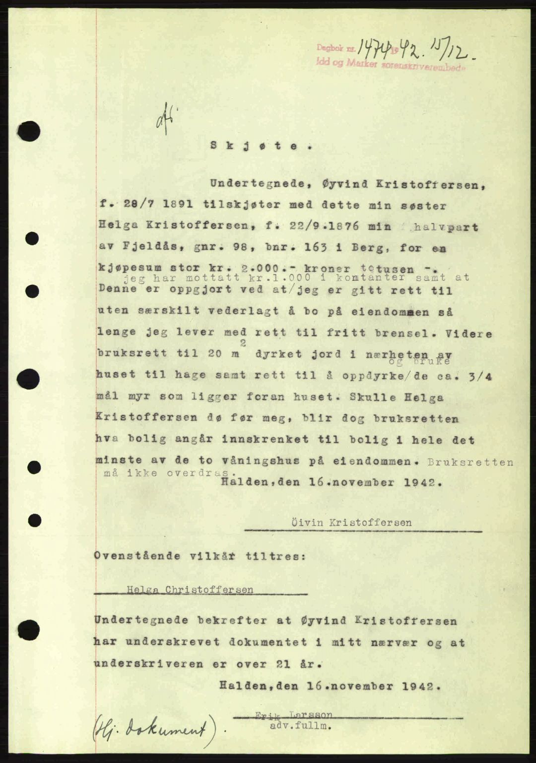 Idd og Marker sorenskriveri, AV/SAO-A-10283/G/Gb/Gbb/L0005: Mortgage book no. A5, 1941-1943, Diary no: : 1474/1942