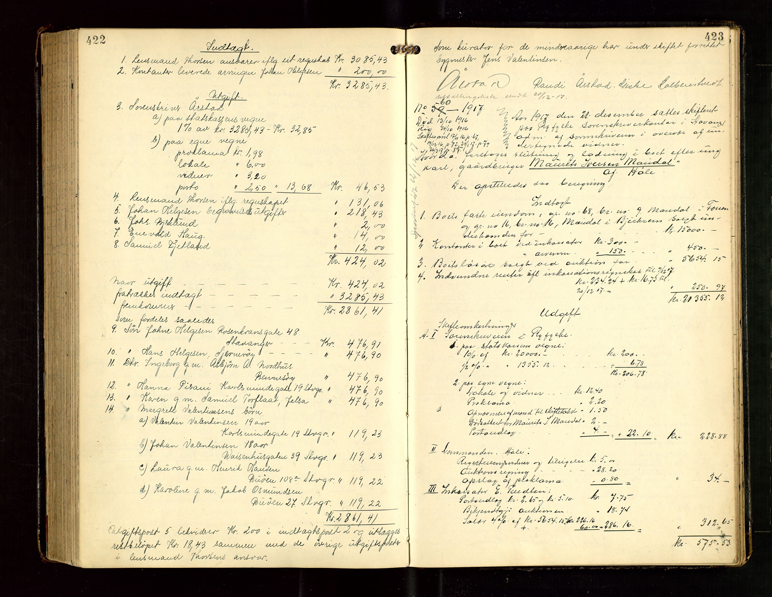 Ryfylke tingrett, SAST/A-100055/001/IV/IVG/L0004: Skifteutlodningsprotokoll Med register, 1912-1918, p. 422-423