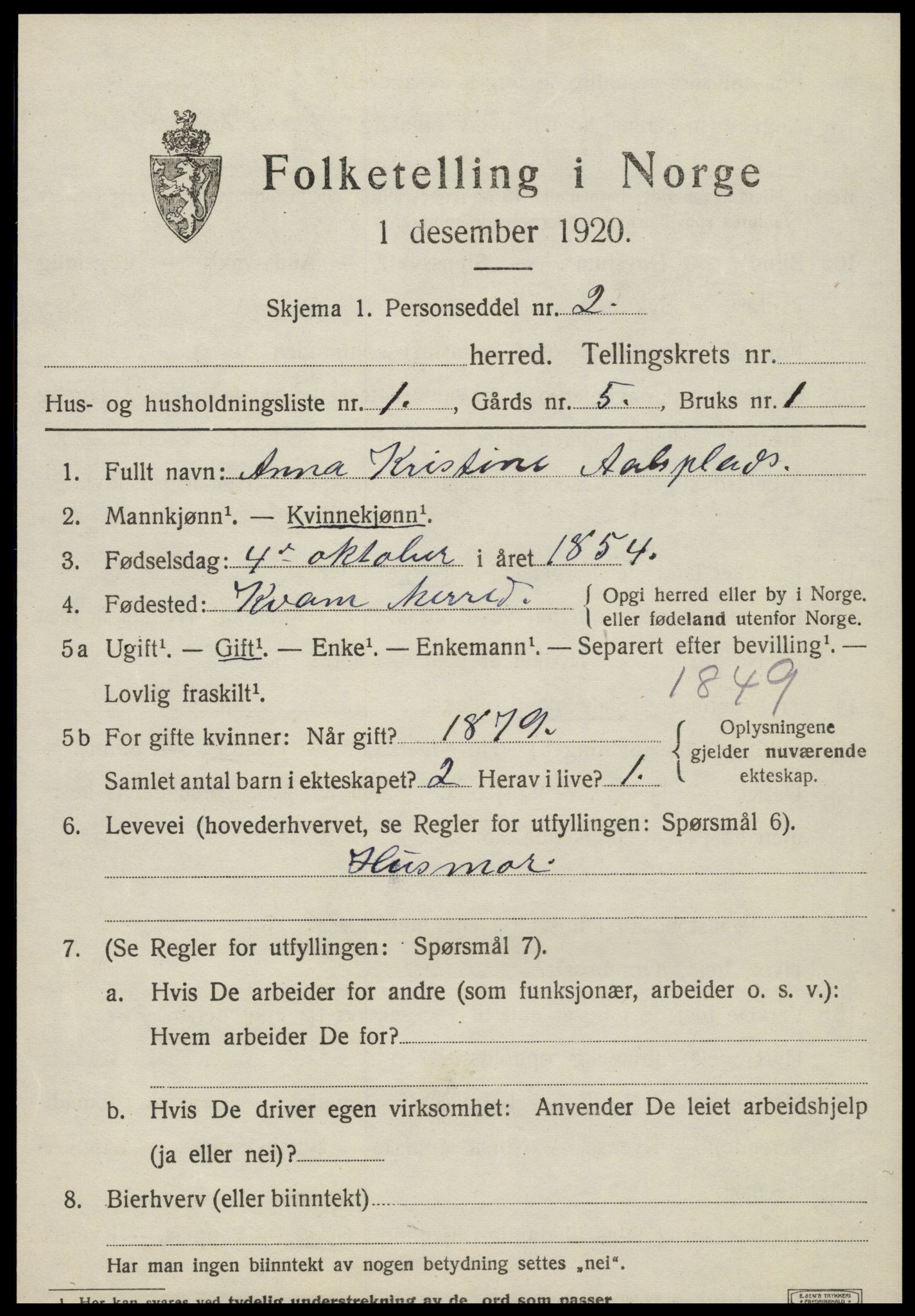 SAT, 1920 census for Kvam, 1920, p. 2517