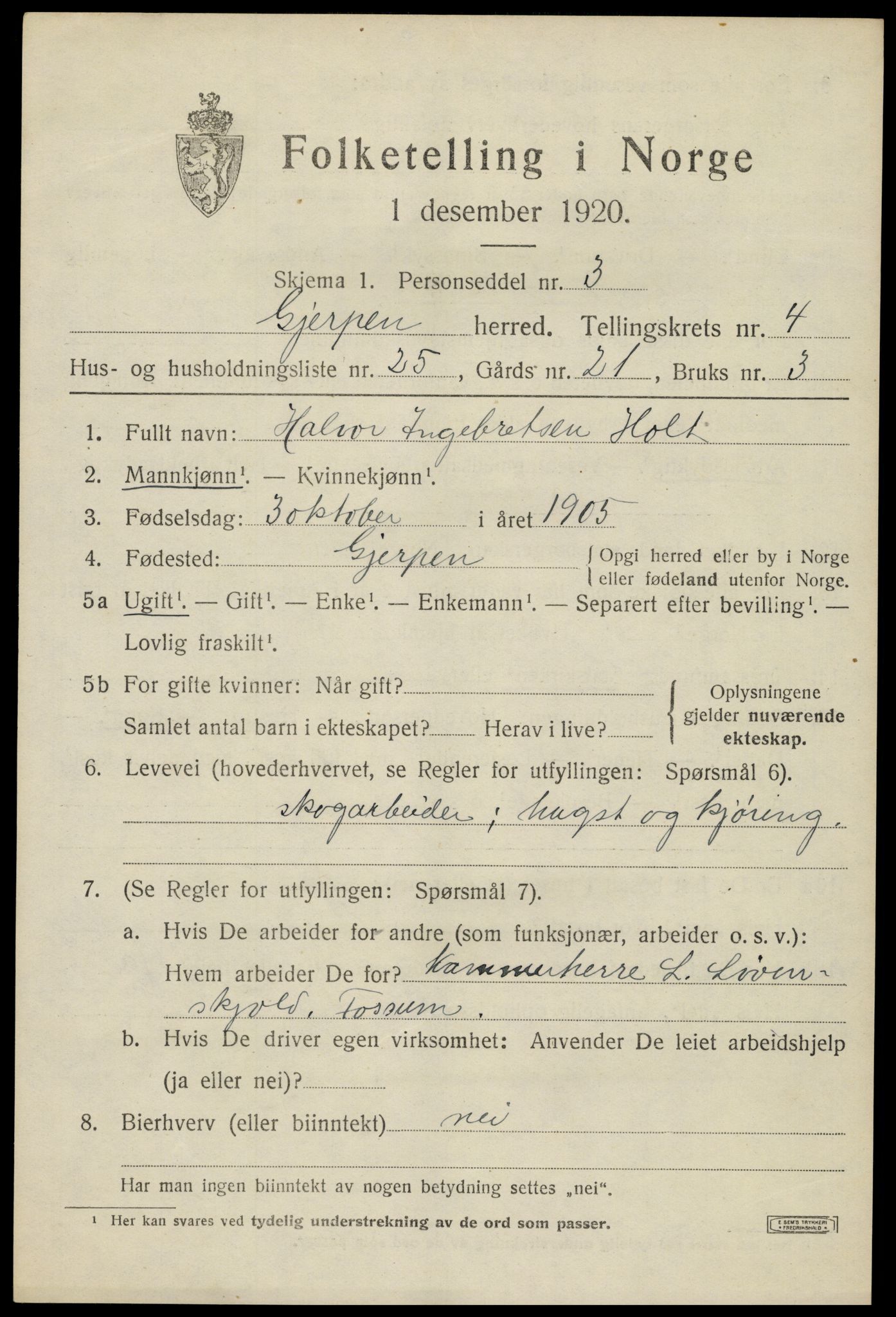 SAKO, 1920 census for Gjerpen, 1920, p. 6372