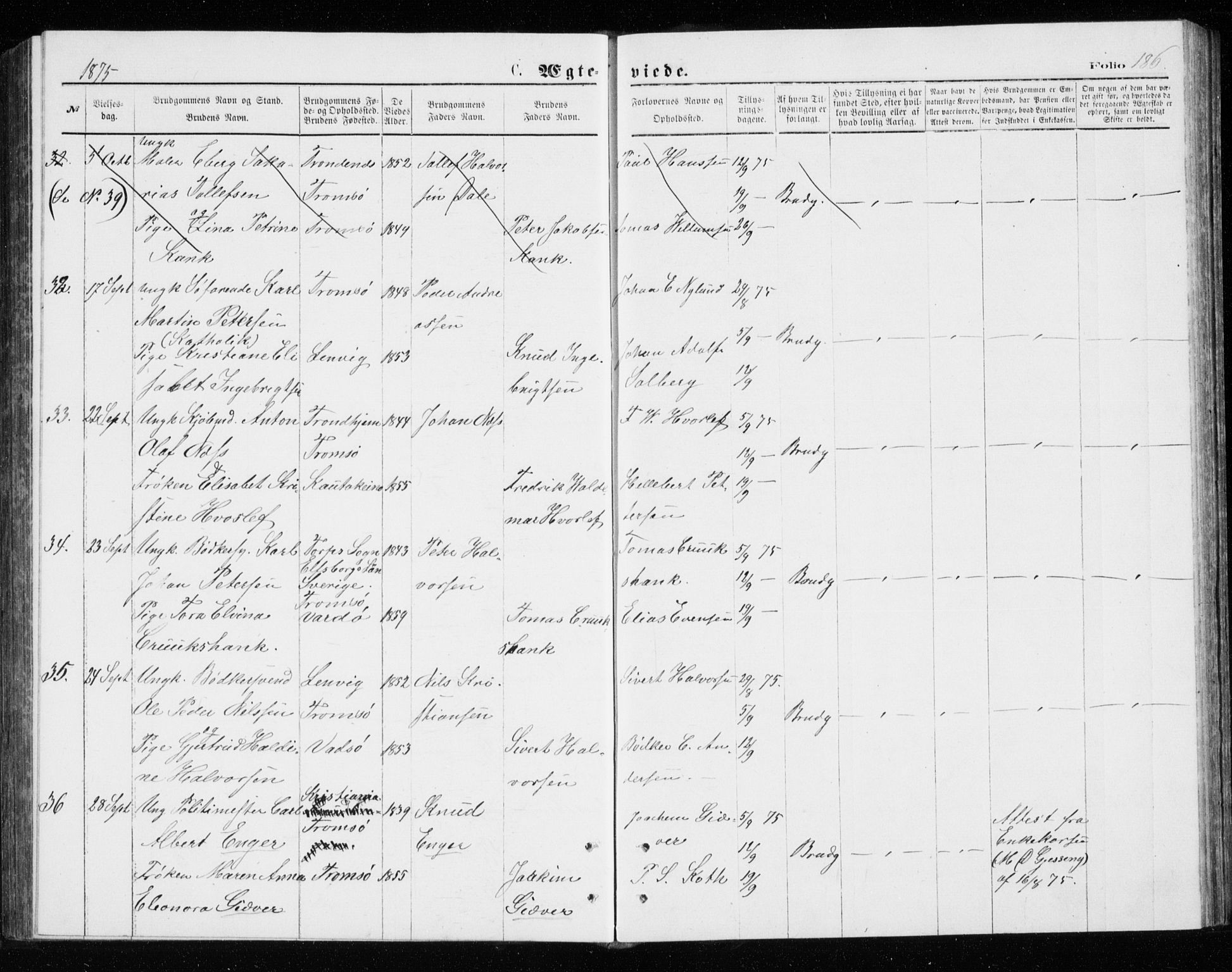 Tromsø sokneprestkontor/stiftsprosti/domprosti, AV/SATØ-S-1343/G/Gb/L0008klokker: Parish register (copy) no. 8, 1875-1879, p. 186