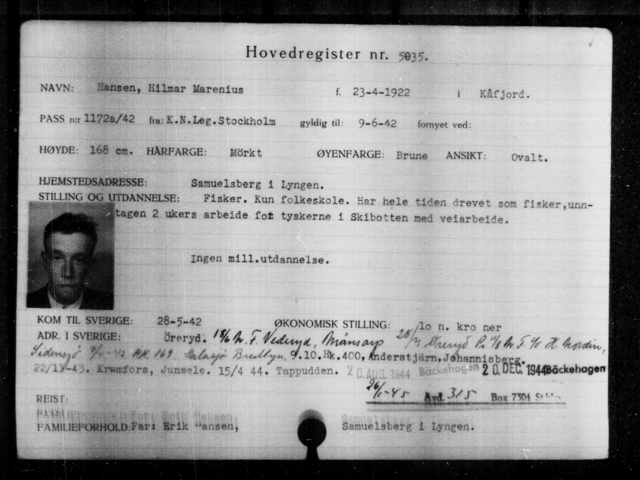 Utenriksstasjonene, Legasjonen i Stockholm, Flyktningkontoret, AV/RA-S-6753/V/Va/L0004: Kjesäterkartoteket, flyktninger med registreringsnr. 3496-6610, 1940-1945, p. 1823