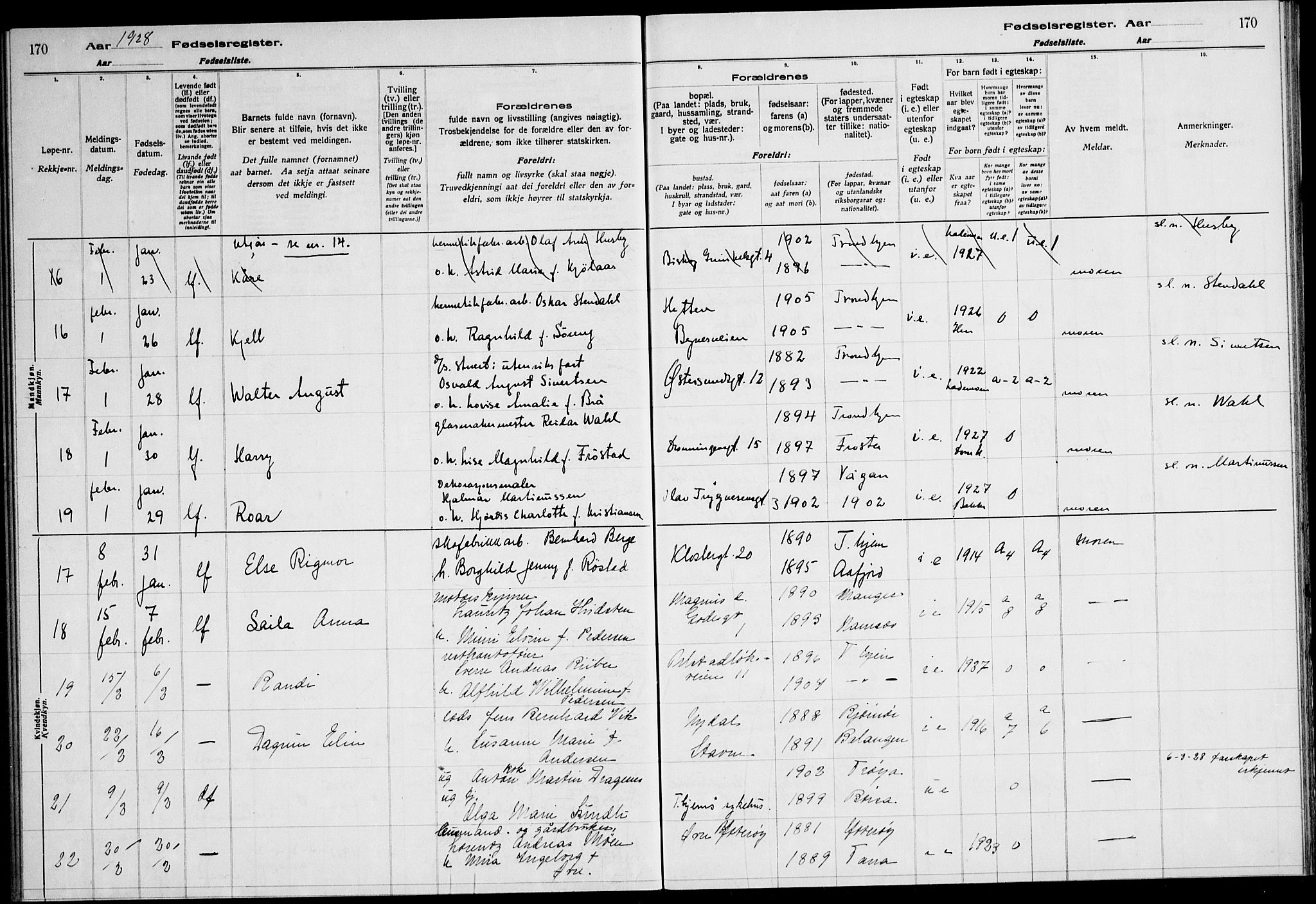 Ministerialprotokoller, klokkerbøker og fødselsregistre - Sør-Trøndelag, SAT/A-1456/600/L0004: Birth register no. 600.II.4.3, 1924-1928, p. 170