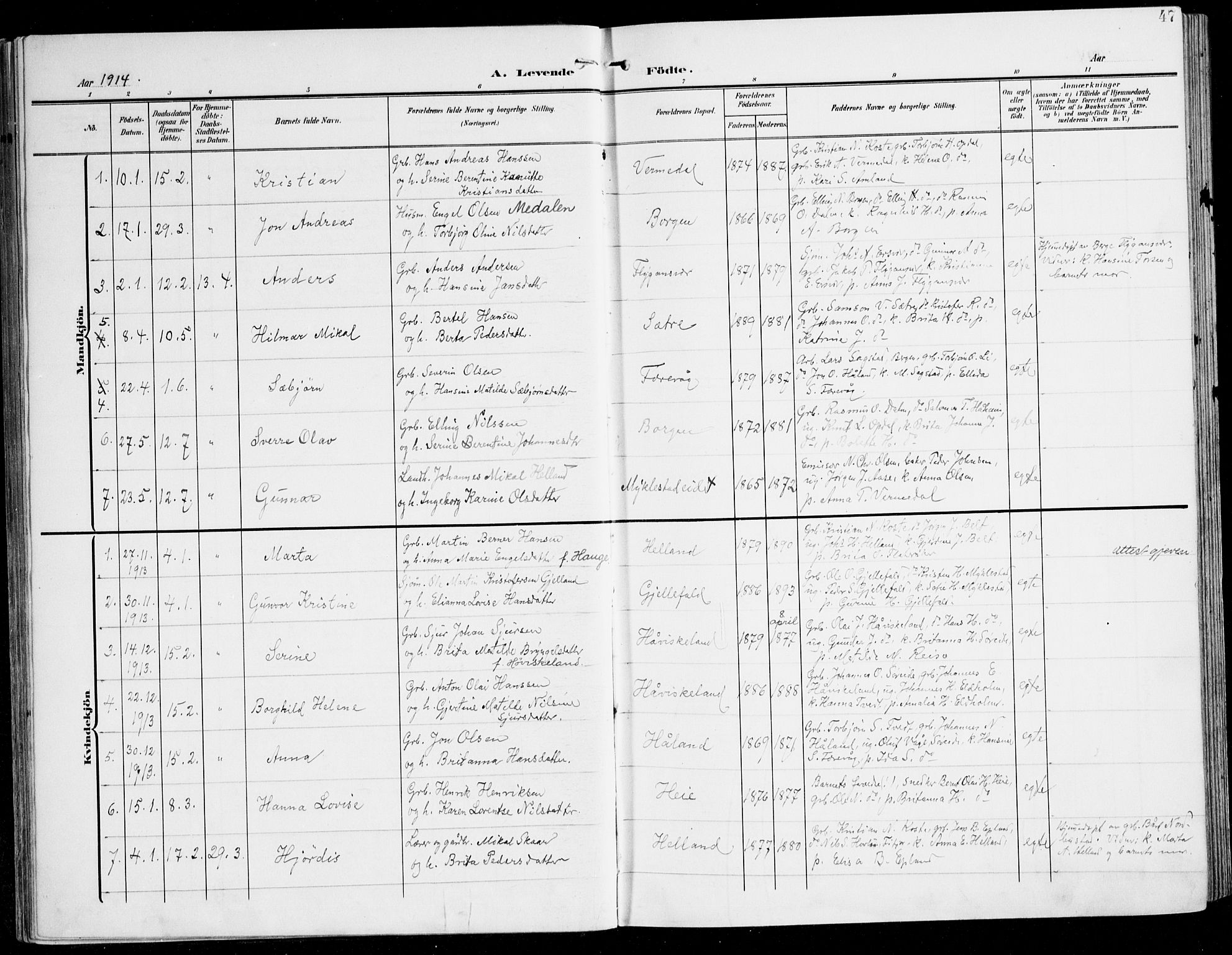 Tysnes sokneprestembete, SAB/A-78601/H/Haa: Parish register (official) no. D 2, 1905-1922, p. 47