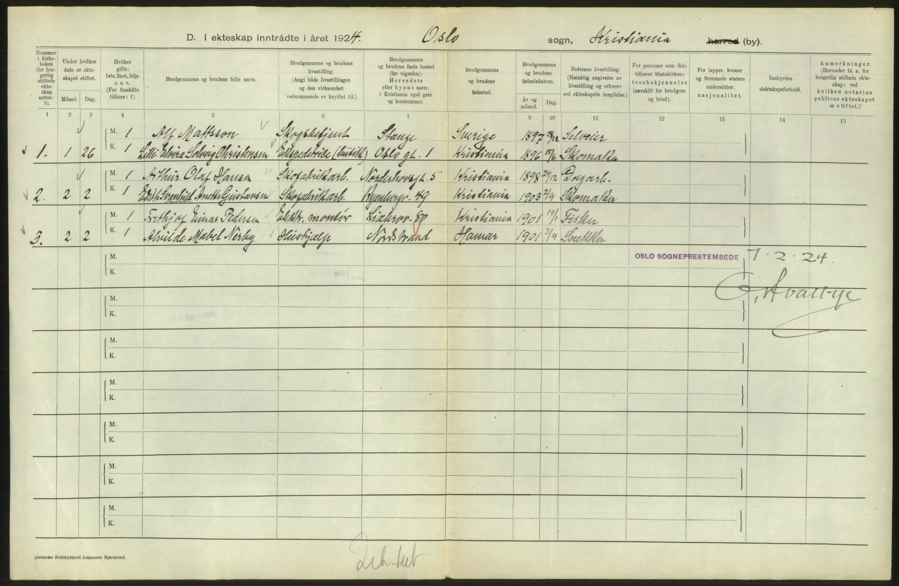 Statistisk sentralbyrå, Sosiodemografiske emner, Befolkning, AV/RA-S-2228/D/Df/Dfc/Dfcd/L0007: Kristiania: Gifte, 1924, p. 484