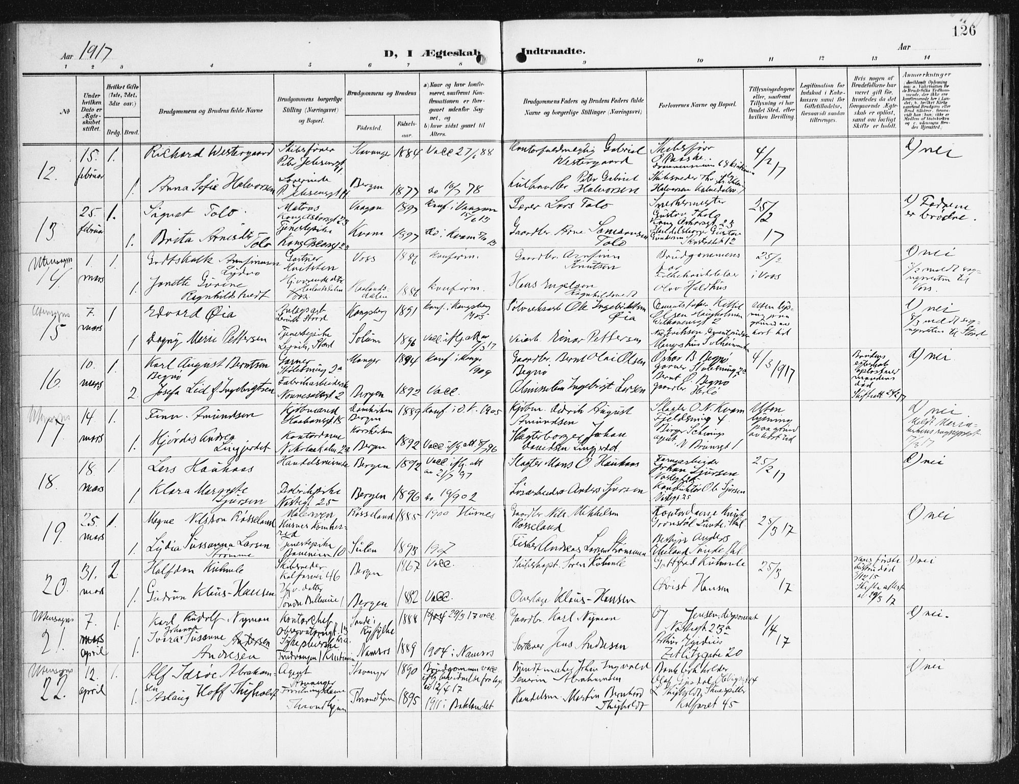 Domkirken sokneprestembete, AV/SAB-A-74801/H/Haa/L0038: Parish register (official) no. D 5, 1906-1921, p. 126