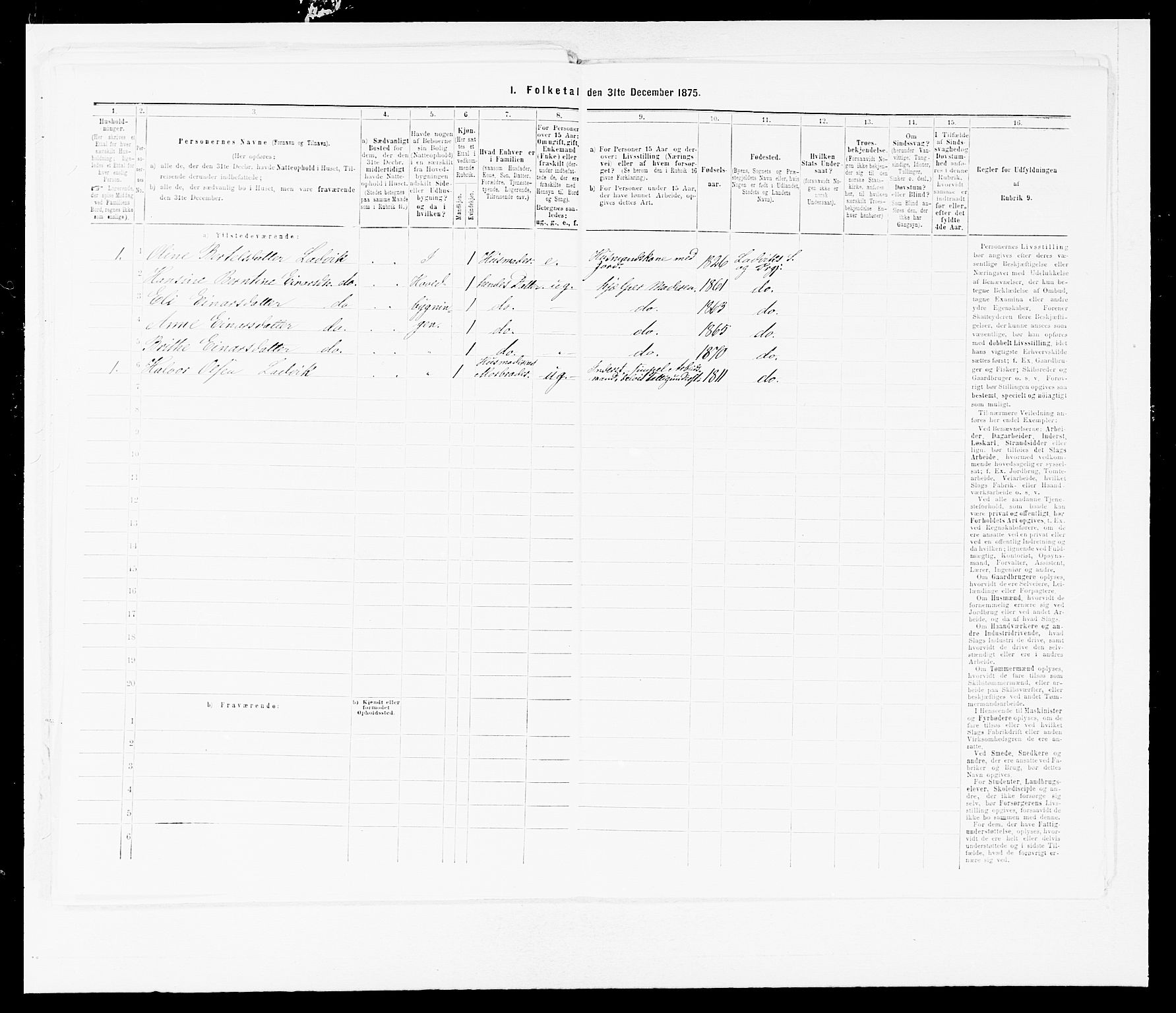 SAB, 1875 census for 1415P Lavik, 1875, p. 154