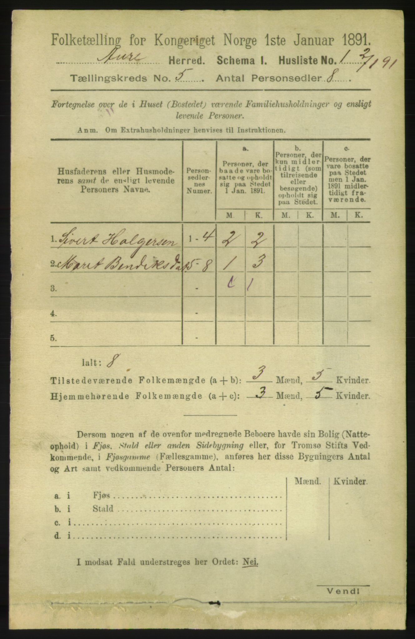 RA, 1891 census for 1569 Aure, 1891, p. 2613