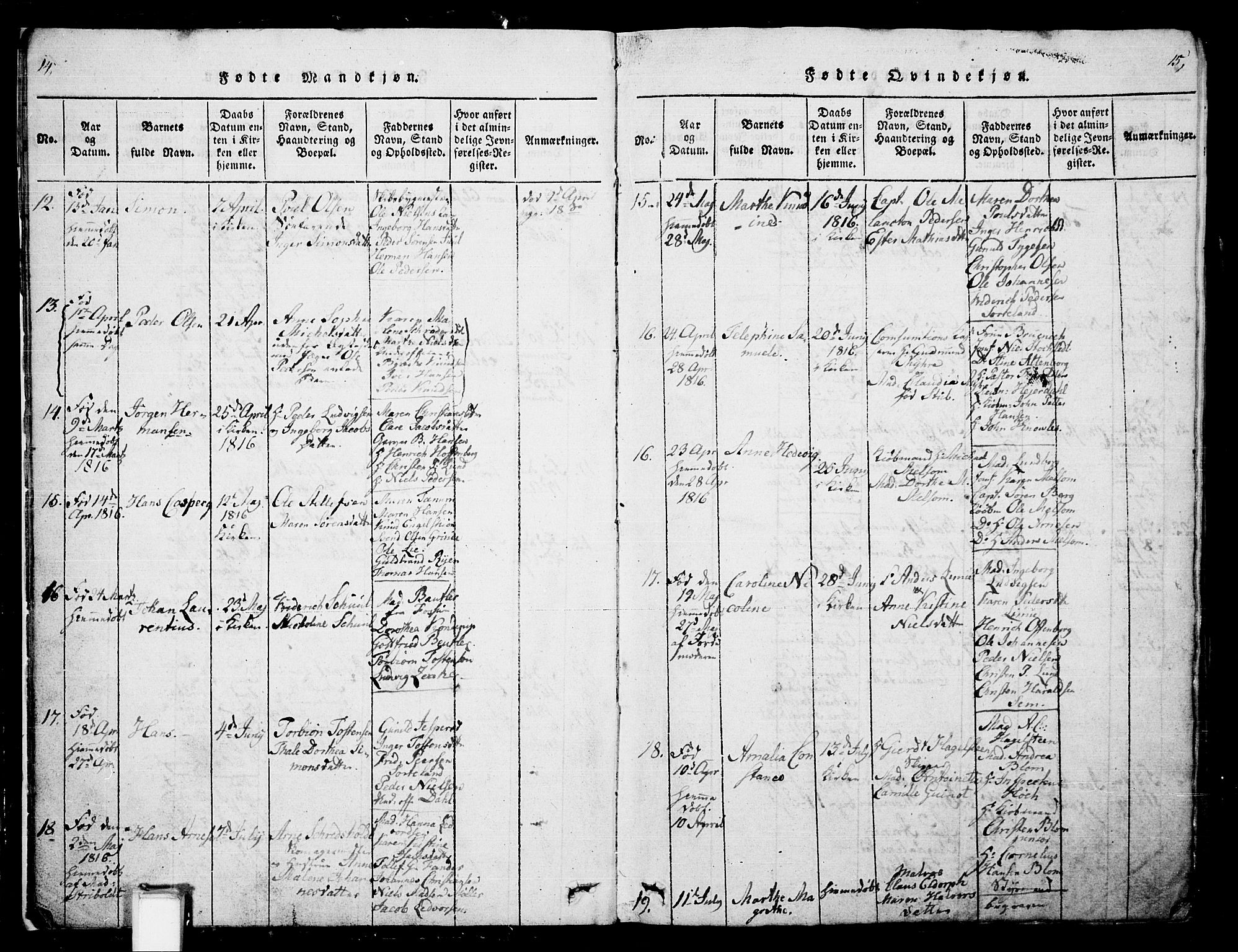 Skien kirkebøker, AV/SAKO-A-302/G/Ga/L0002: Parish register (copy) no. 2, 1814-1842, p. 14-15