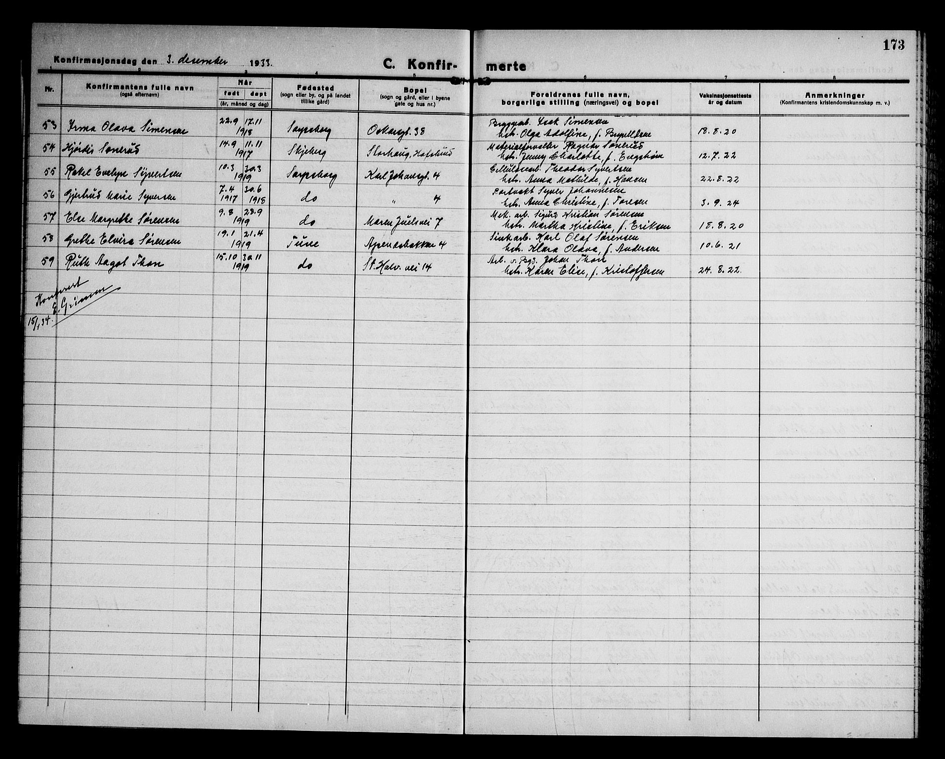 Sarpsborg prestekontor Kirkebøker, SAO/A-2006/G/Ga/L0005: Parish register (copy) no. 5, 1932-1950, p. 173