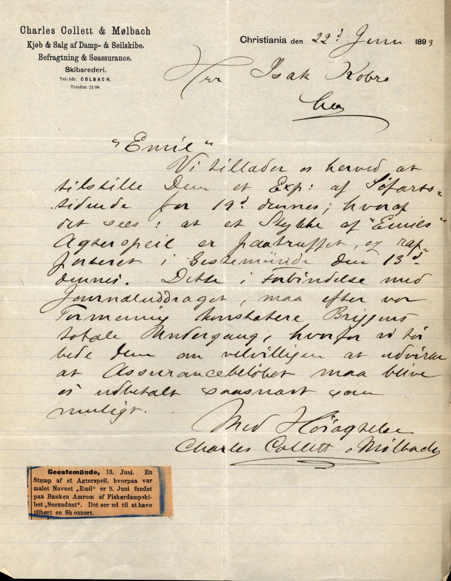 Pa 63 - Østlandske skibsassuranceforening, VEMU/A-1079/G/Ga/L0030/0002: Havaridokumenter / To venner, Emil, Empress, Enterprise, Dacapo, Dato, 1893, p. 51