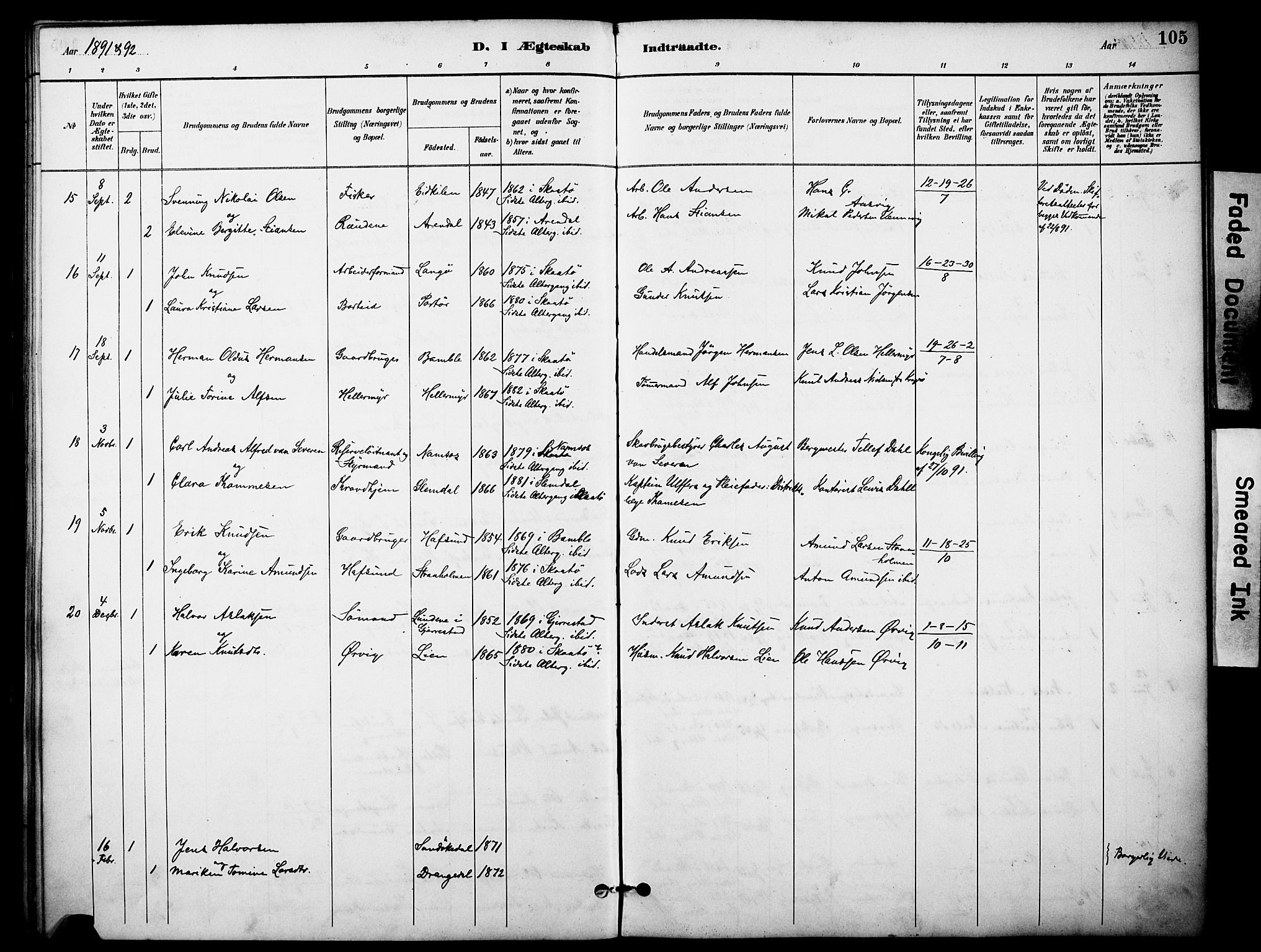 Skåtøy kirkebøker, SAKO/A-304/F/Fa/L0003: Parish register (official) no. I 3, 1884-1899, p. 105