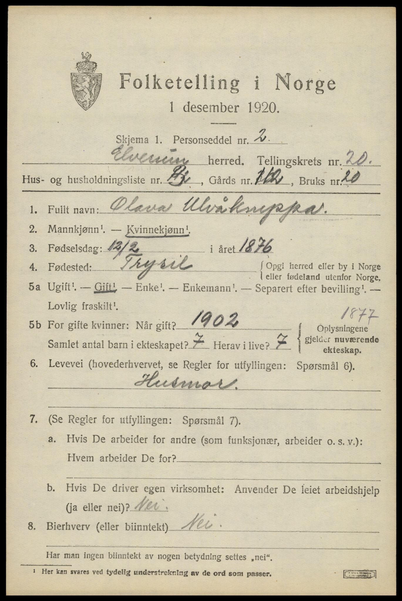 SAH, 1920 census for Elverum, 1920, p. 23306