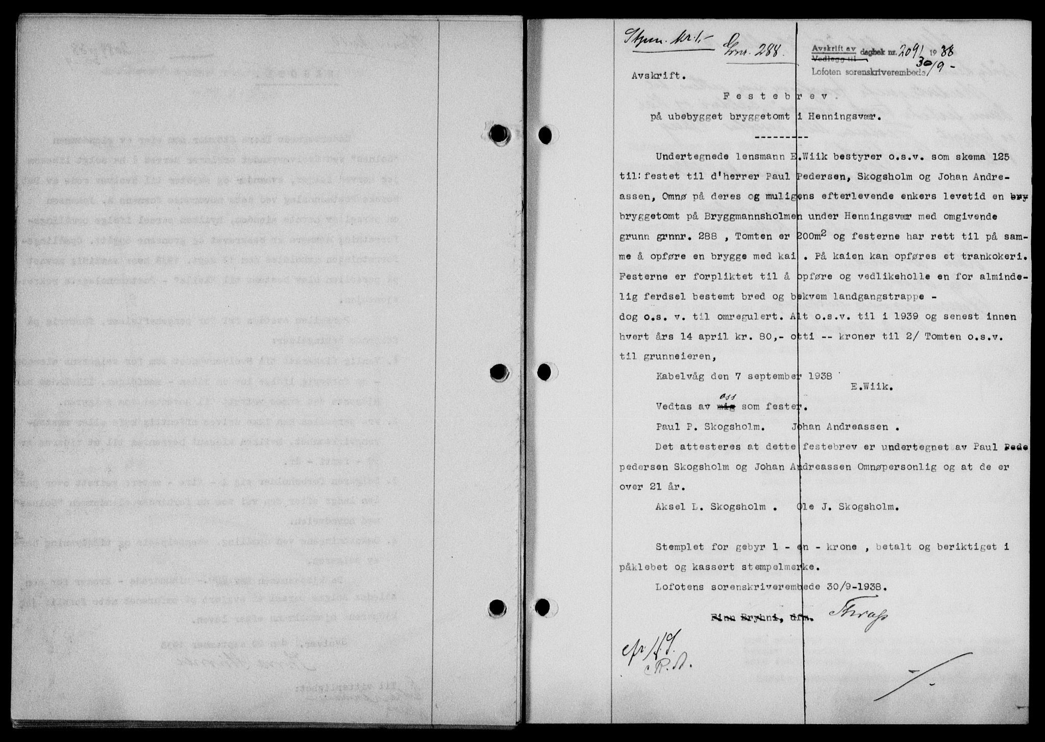 Lofoten sorenskriveri, SAT/A-0017/1/2/2C/L0004a: Mortgage book no. 4a, 1938-1938, Diary no: : 2091/1938