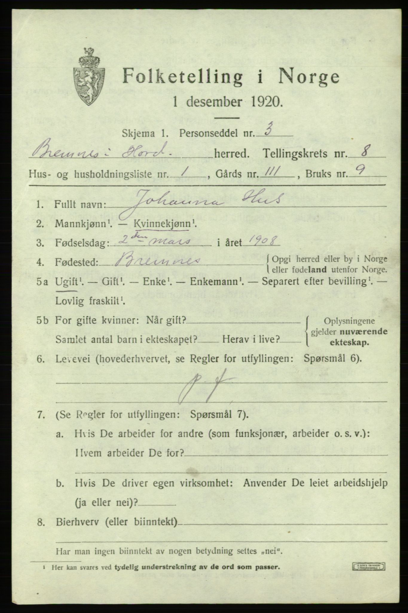 SAB, 1920 census for Bremnes, 1920, p. 5068