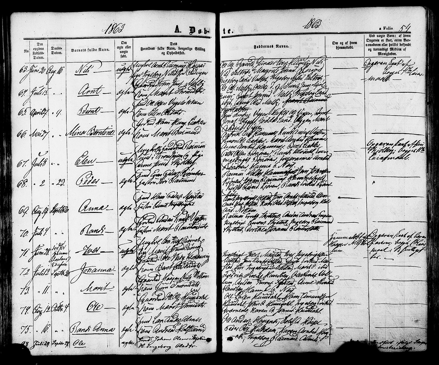 Ministerialprotokoller, klokkerbøker og fødselsregistre - Sør-Trøndelag, SAT/A-1456/665/L0772: Parish register (official) no. 665A07, 1856-1878, p. 54