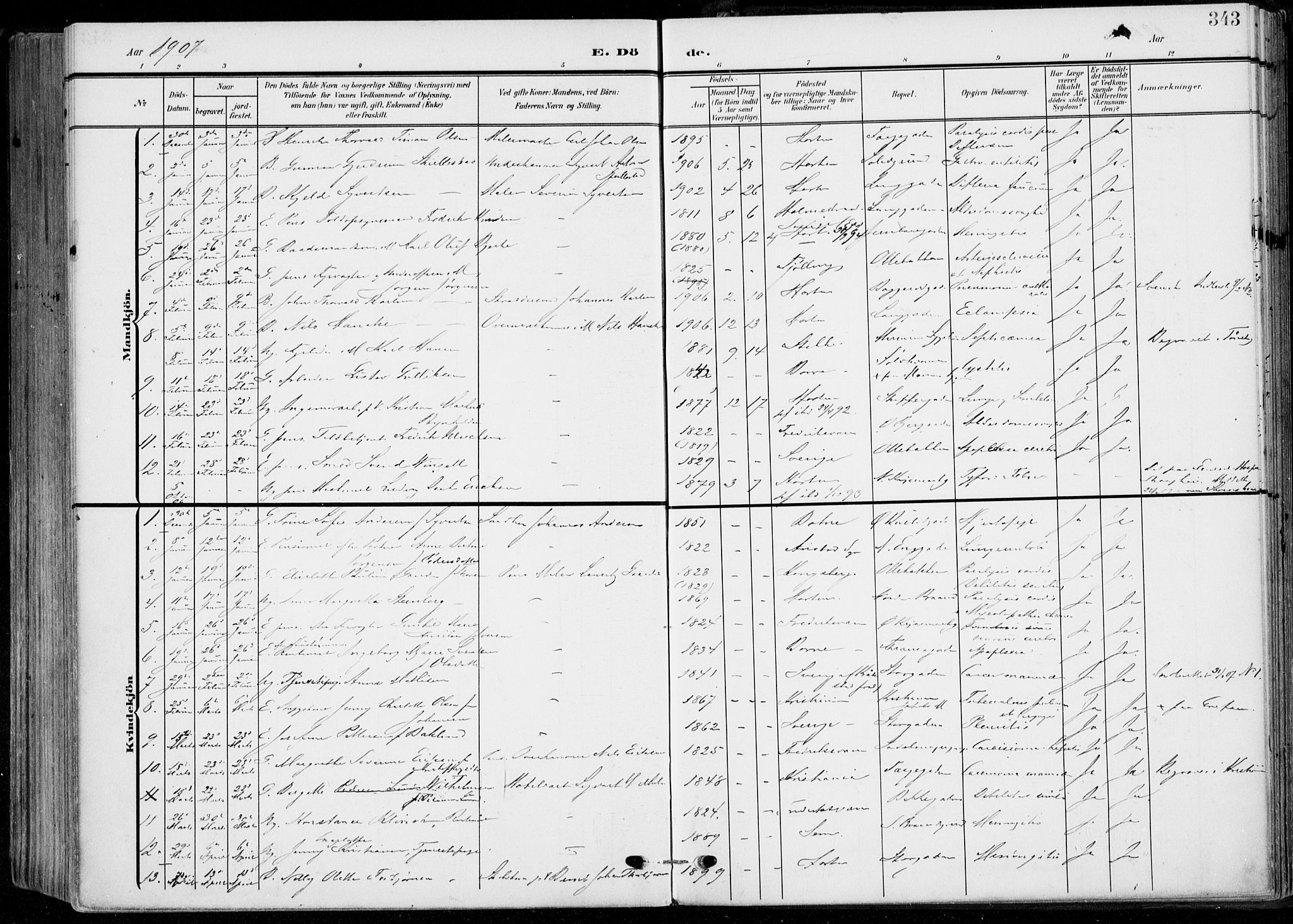 Horten kirkebøker, AV/SAKO-A-348/F/Fa/L0006: Parish register (official) no. 6, 1905-1912, p. 343