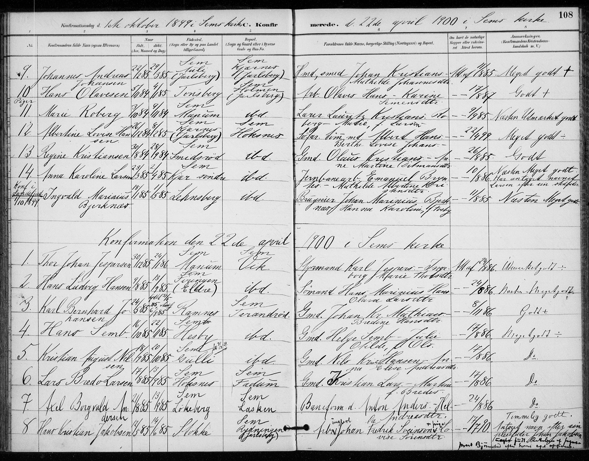 Sem kirkebøker, AV/SAKO-A-5/F/Fa/L0011: Parish register (official) no. I 11, 1888-1904, p. 108