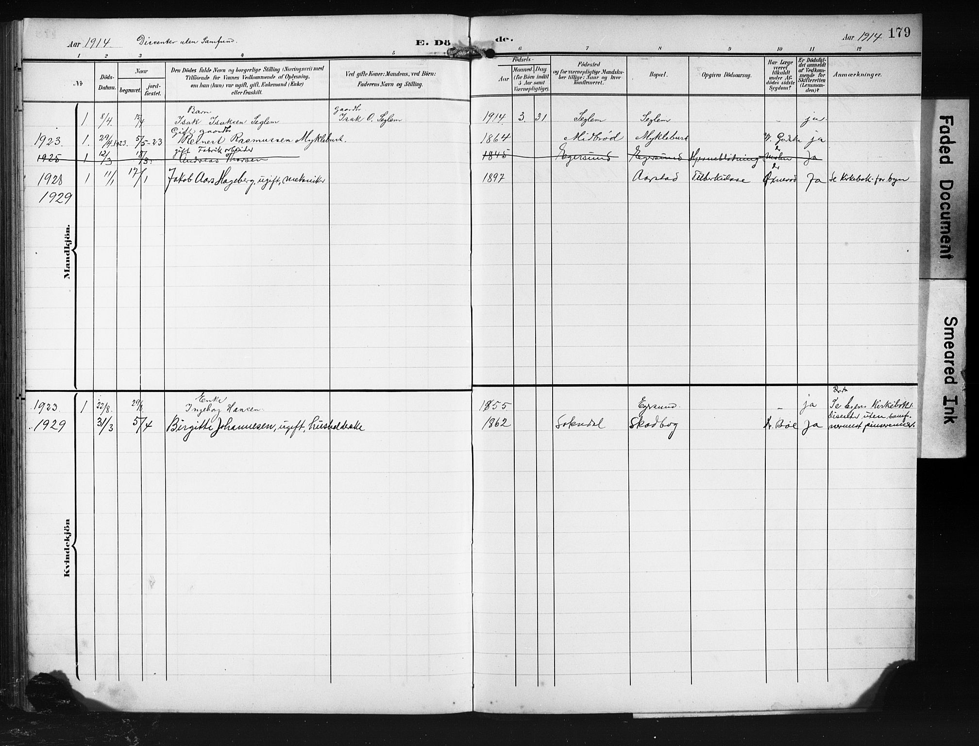 Eigersund sokneprestkontor, AV/SAST-A-101807/001/30/30BB/L0011: Parish register (copy) no. B 11, 1908-1930, p. 179