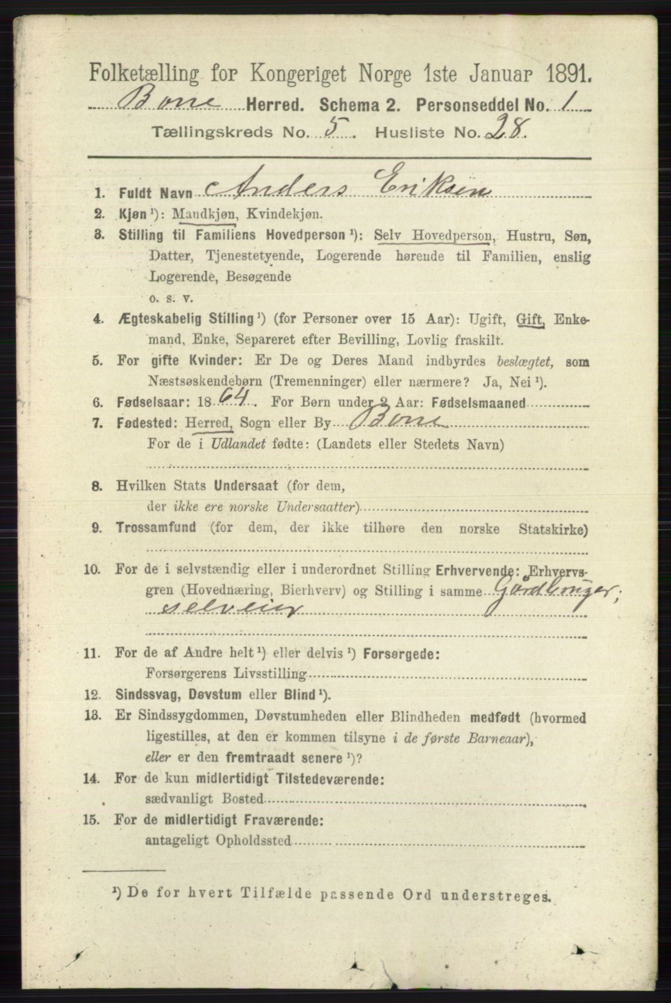RA, 1891 census for 0717 Borre, 1891, p. 2190