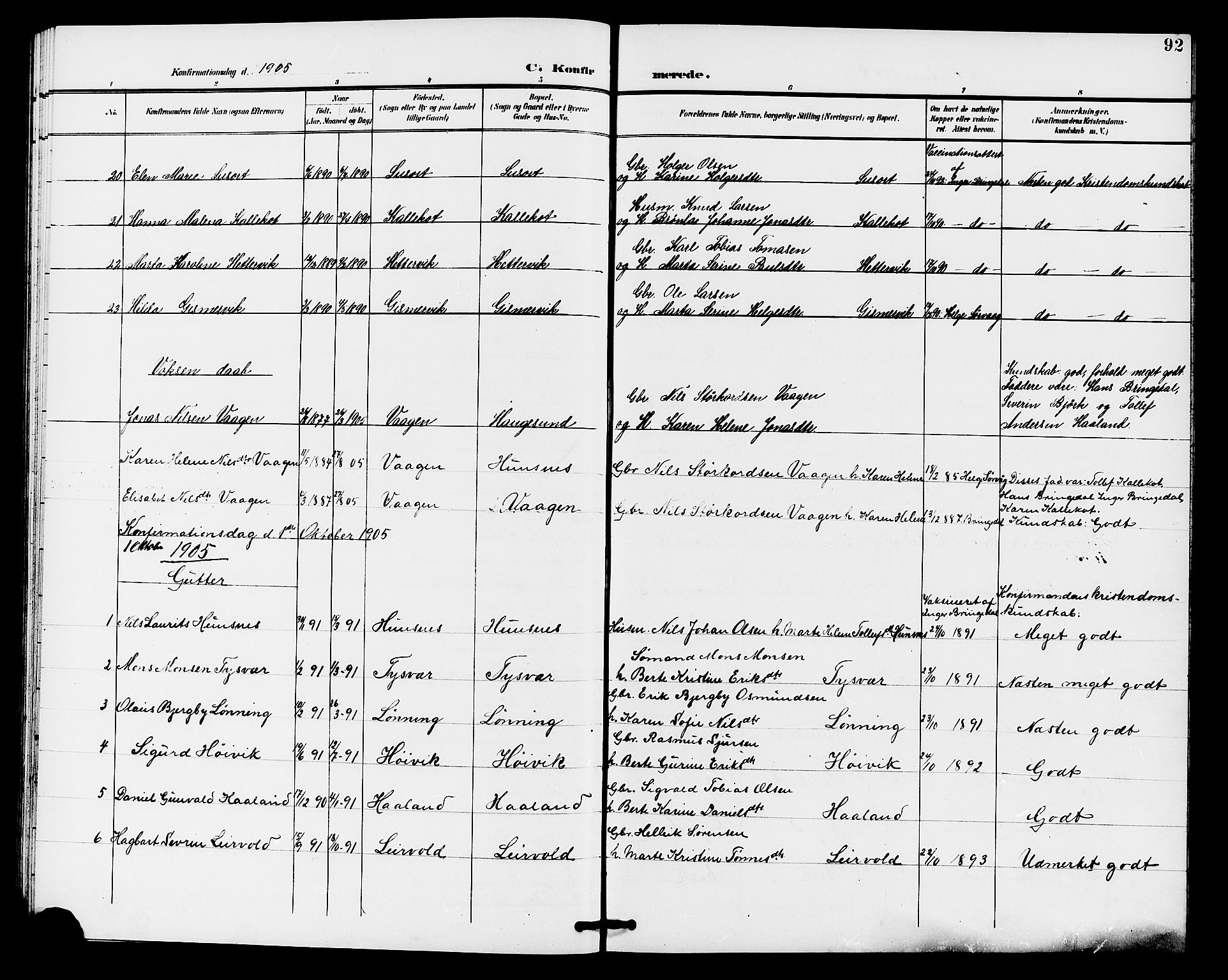 Tysvær sokneprestkontor, SAST/A -101864/H/Ha/Haa/L0008: Parish register (official) no. A 8, 1897-1912, p. 92