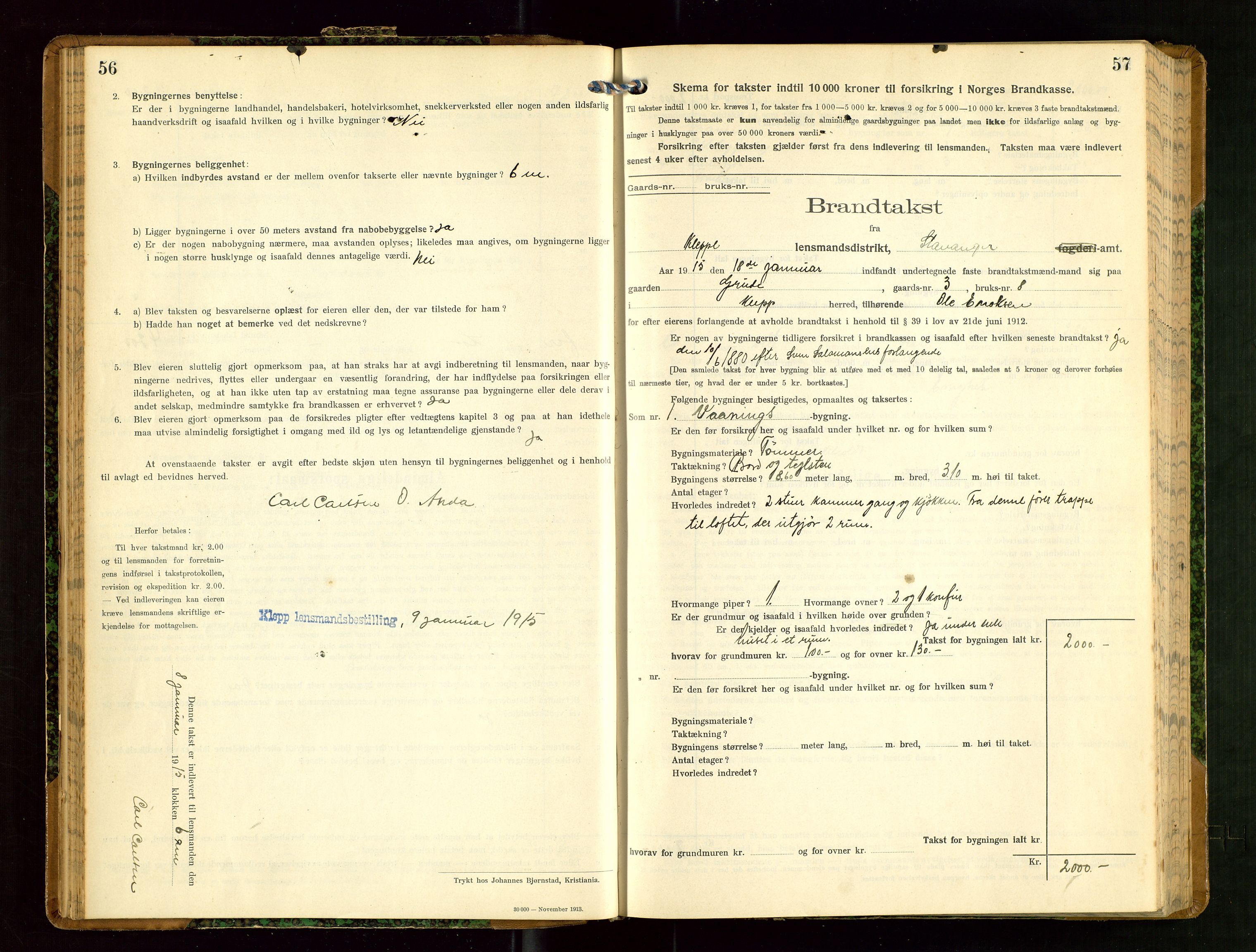 Klepp lensmannskontor, SAST/A-100163/Goc/L0008: "Brandtakstprotokol" m/register, 1914-1917, p. 56-57