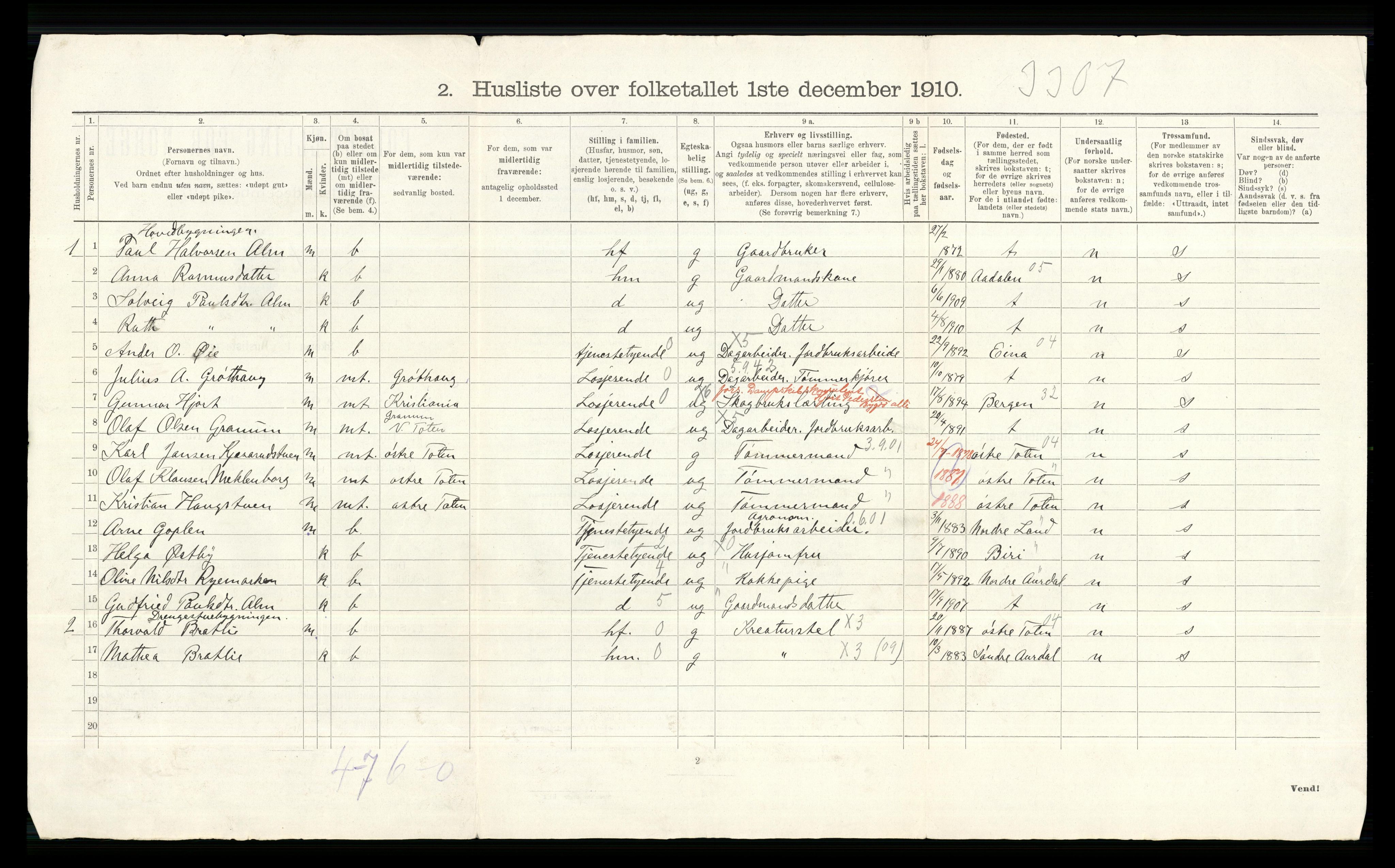 RA, 1910 census for Vestre Toten, 1910, p. 44