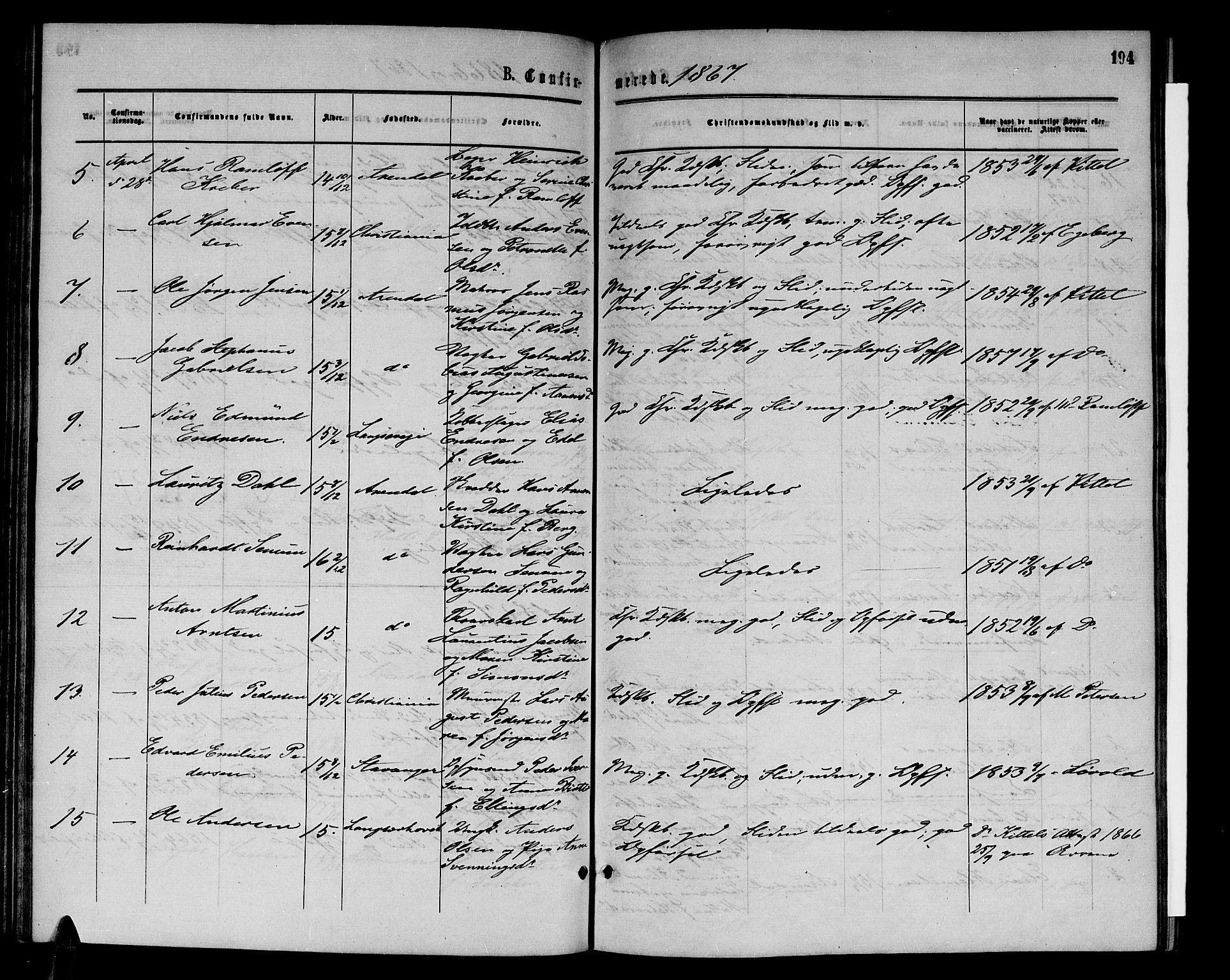 Arendal sokneprestkontor, Trefoldighet, SAK/1111-0040/F/Fb/L0004: Parish register (copy) no. B 4, 1861-1873, p. 194