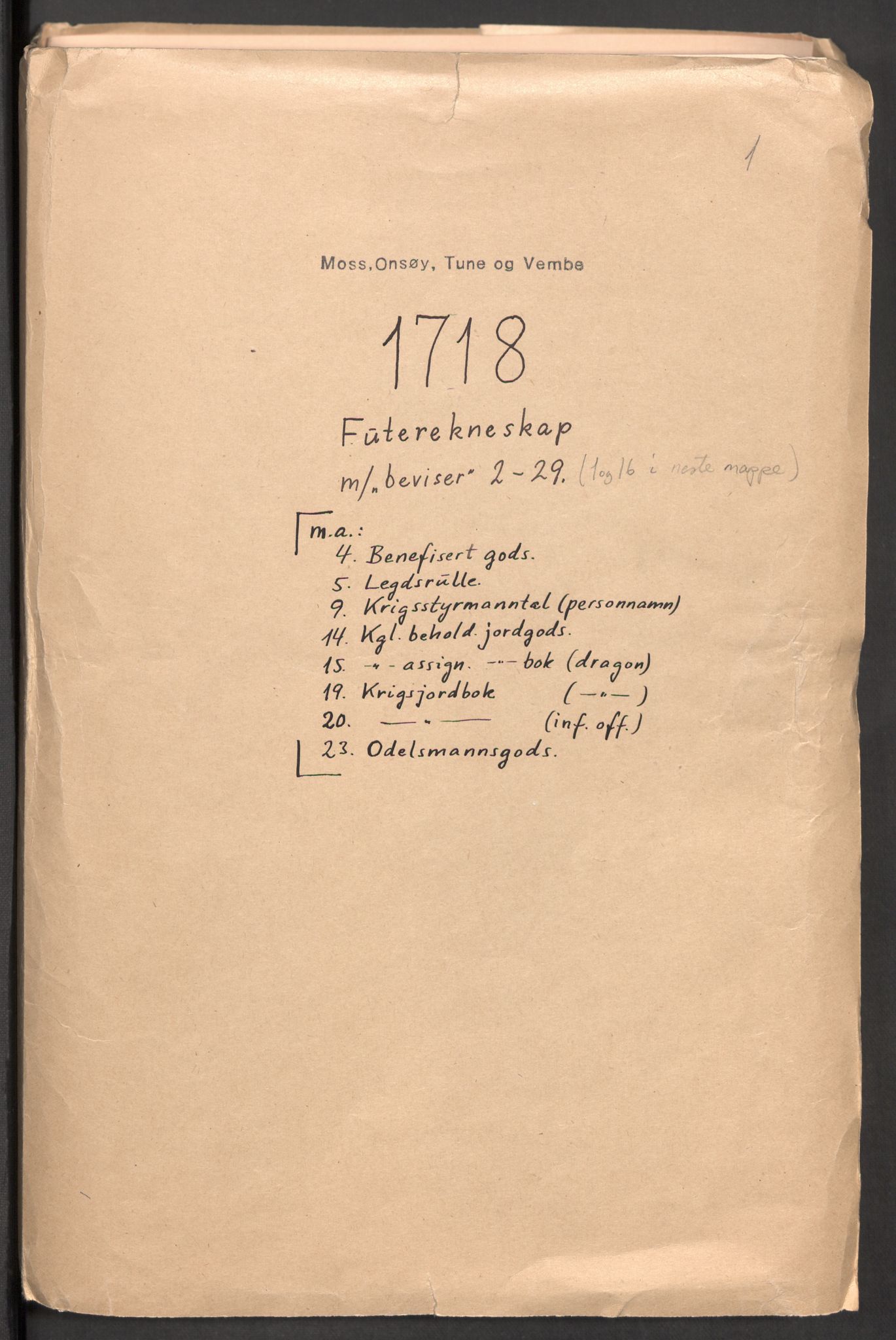 Rentekammeret inntil 1814, Reviderte regnskaper, Fogderegnskap, RA/EA-4092/R04/L0143: Fogderegnskap Moss, Onsøy, Tune, Veme og Åbygge, 1718, p. 2