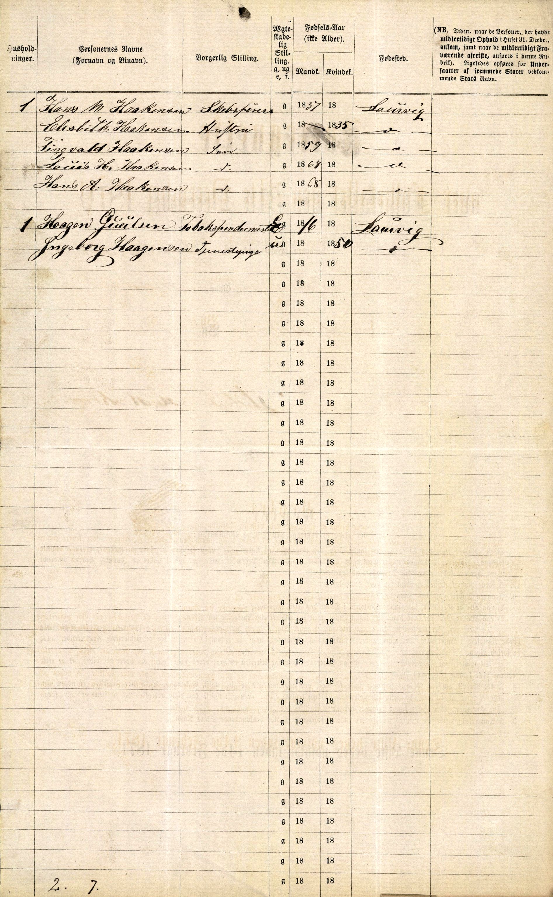 RA, 1870 census for 0707 Larvik, 1870, p. 826