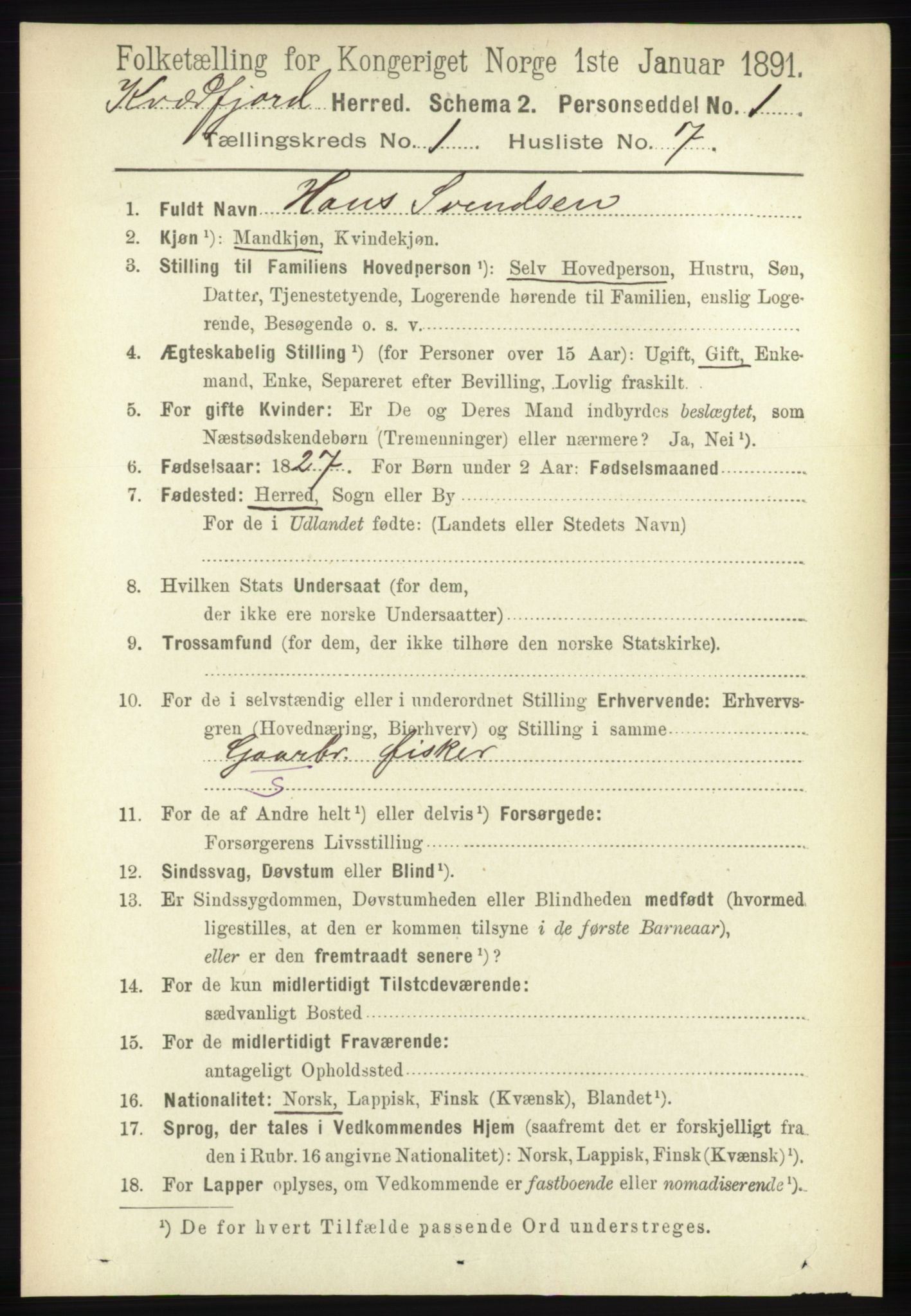 RA, 1891 census for 1911 Kvæfjord, 1891, p. 142