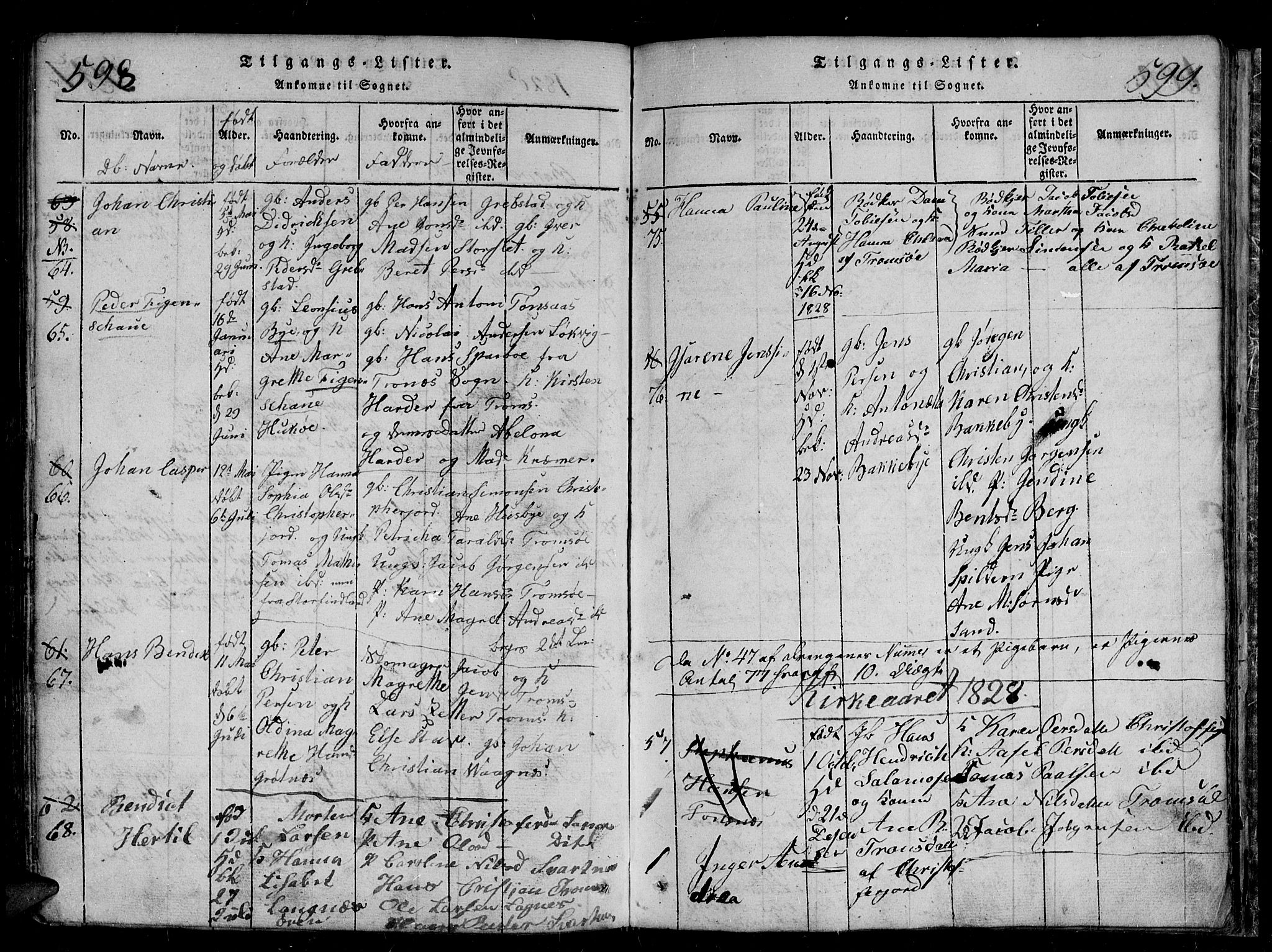Tromsø sokneprestkontor/stiftsprosti/domprosti, SATØ/S-1343/G/Gb/L0001klokker: Parish register (copy) no. 1, 1821-1833, p. 598-599