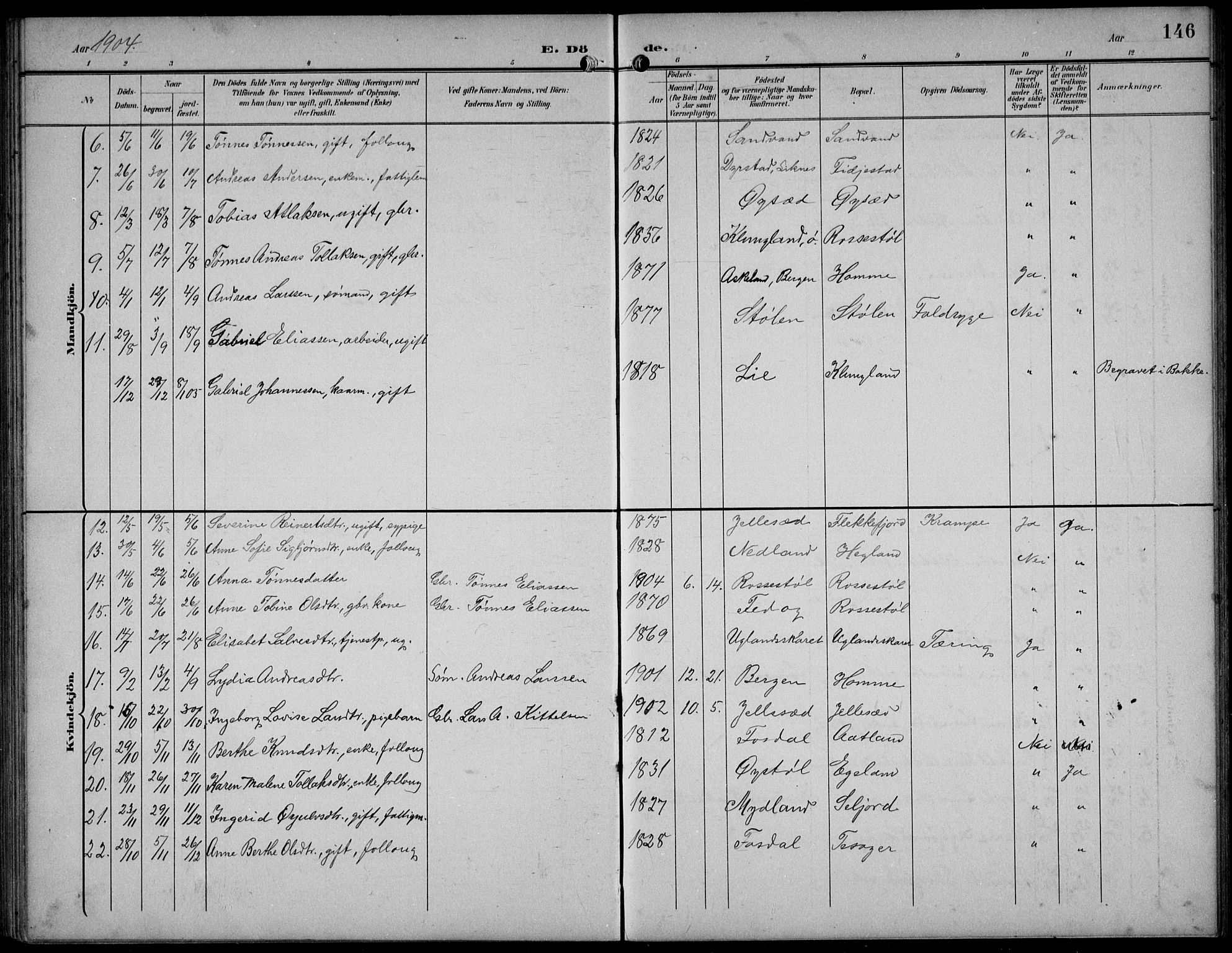 Bakke sokneprestkontor, SAK/1111-0002/F/Fb/Fbb/L0004: Parish register (copy) no. B 4, 1896-1927, p. 146