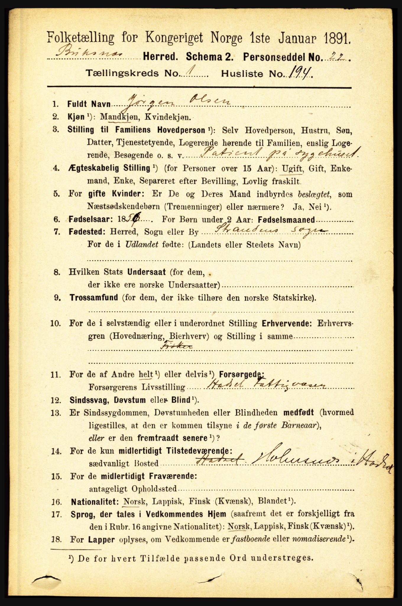 RA, 1891 census for 1860 Buksnes, 1891, p. 1505