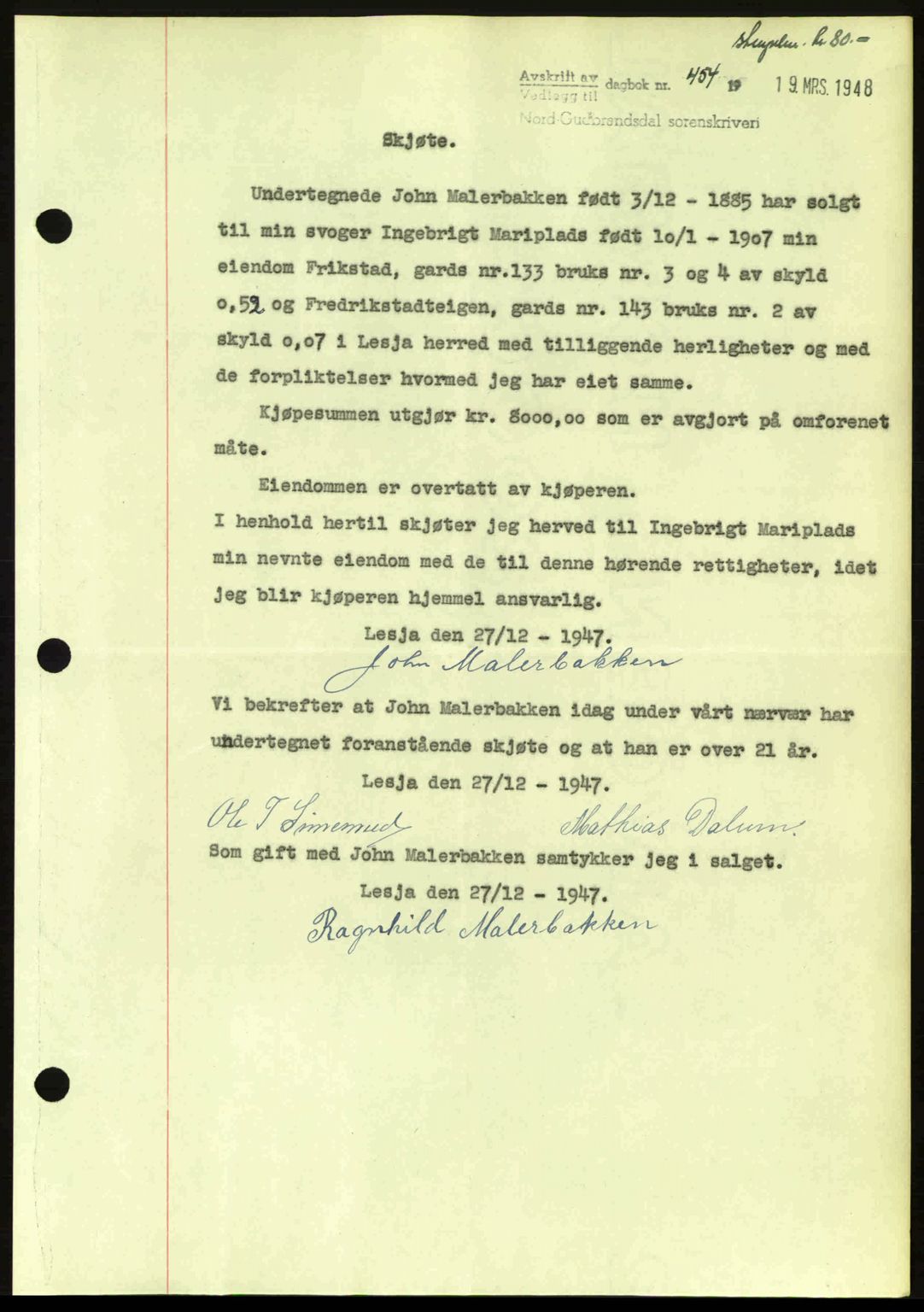 Nord-Gudbrandsdal tingrett, AV/SAH-TING-002/H/Hb/Hbb/L0019: Mortgage book no. FA19, 1948-1948, Diary no: : 454/1948