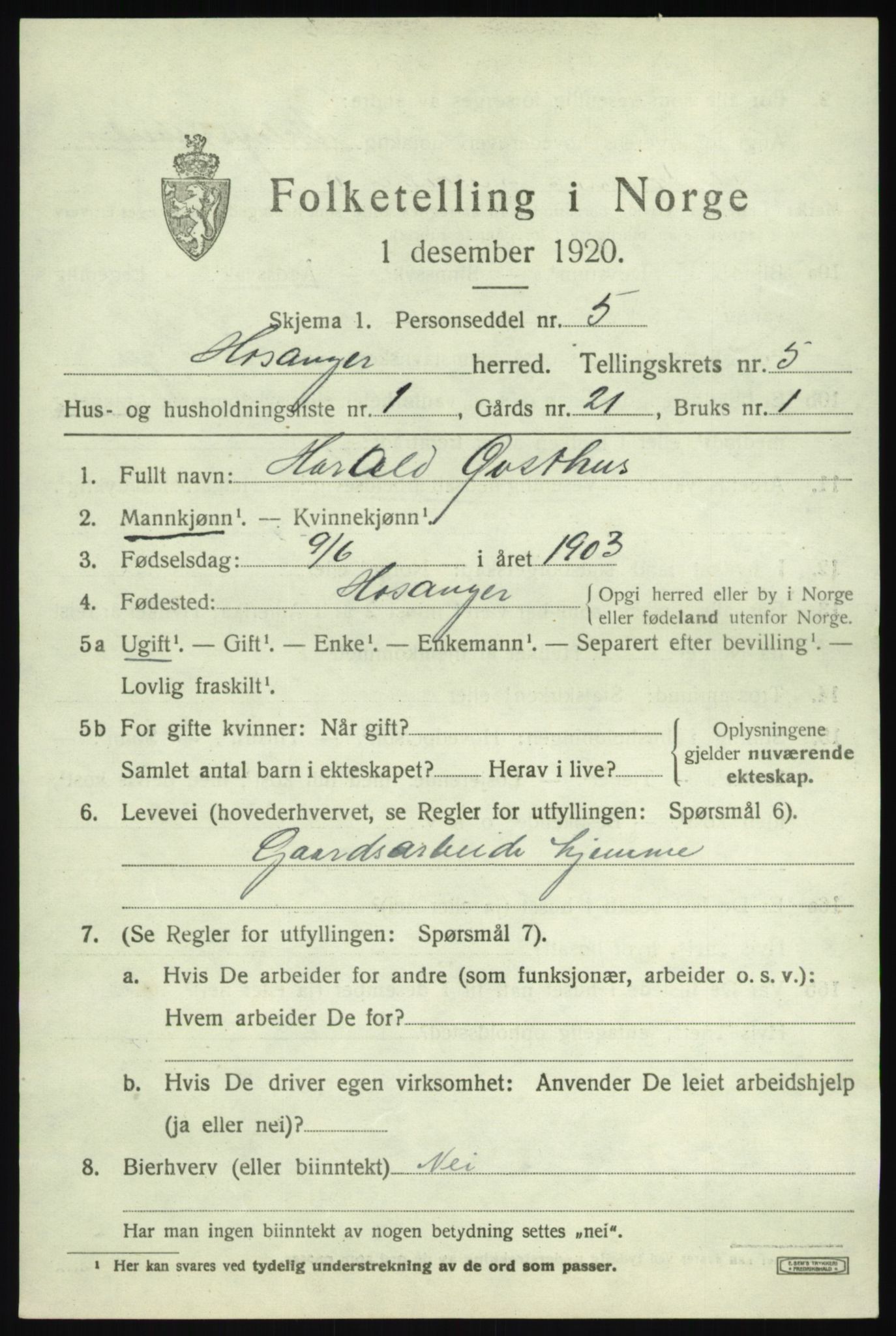 SAB, 1920 census for Hosanger, 1920, p. 2349